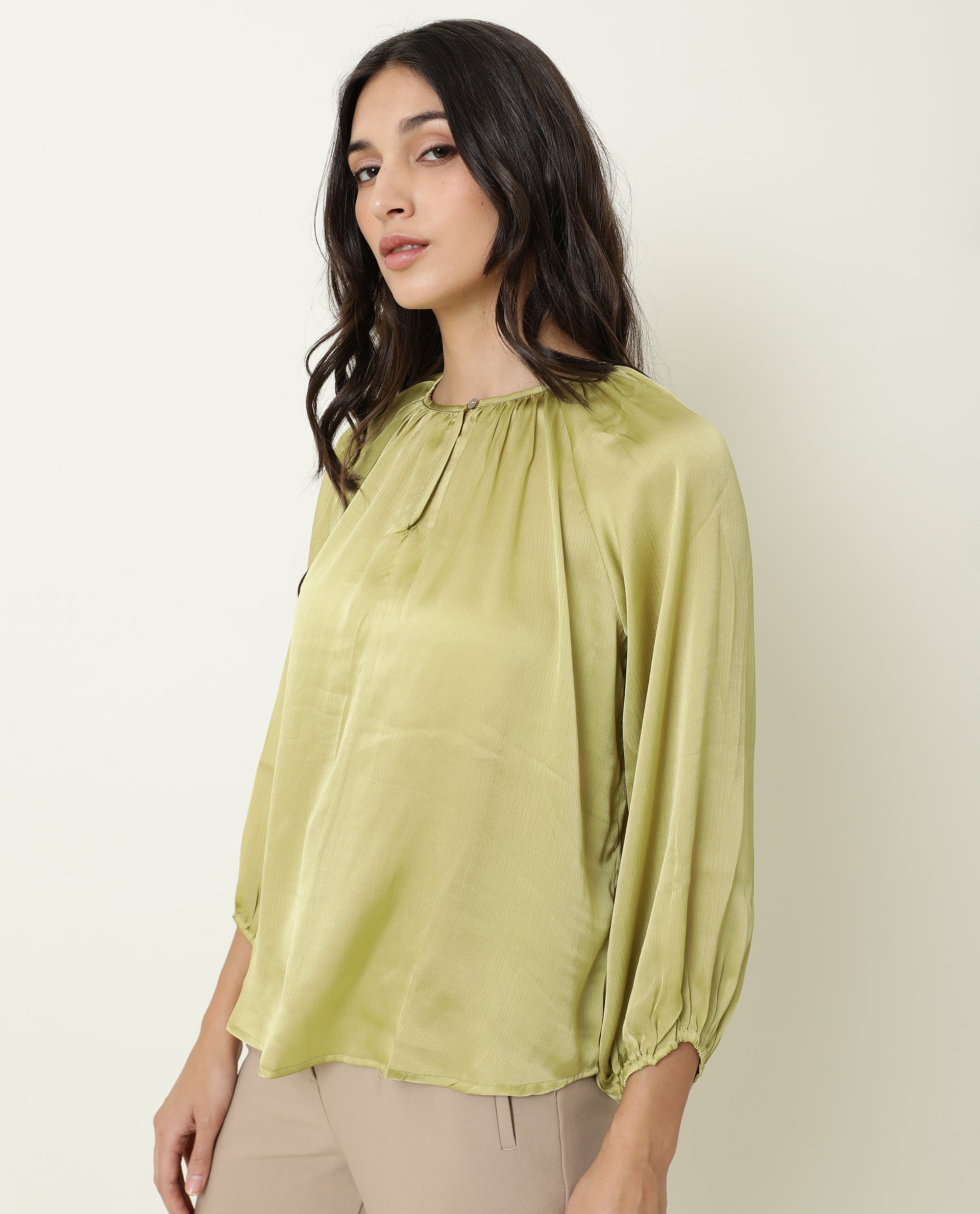 WOMENS FALL GREEN TOP Polyester FABRIC  Full Sleeve Boat Neck