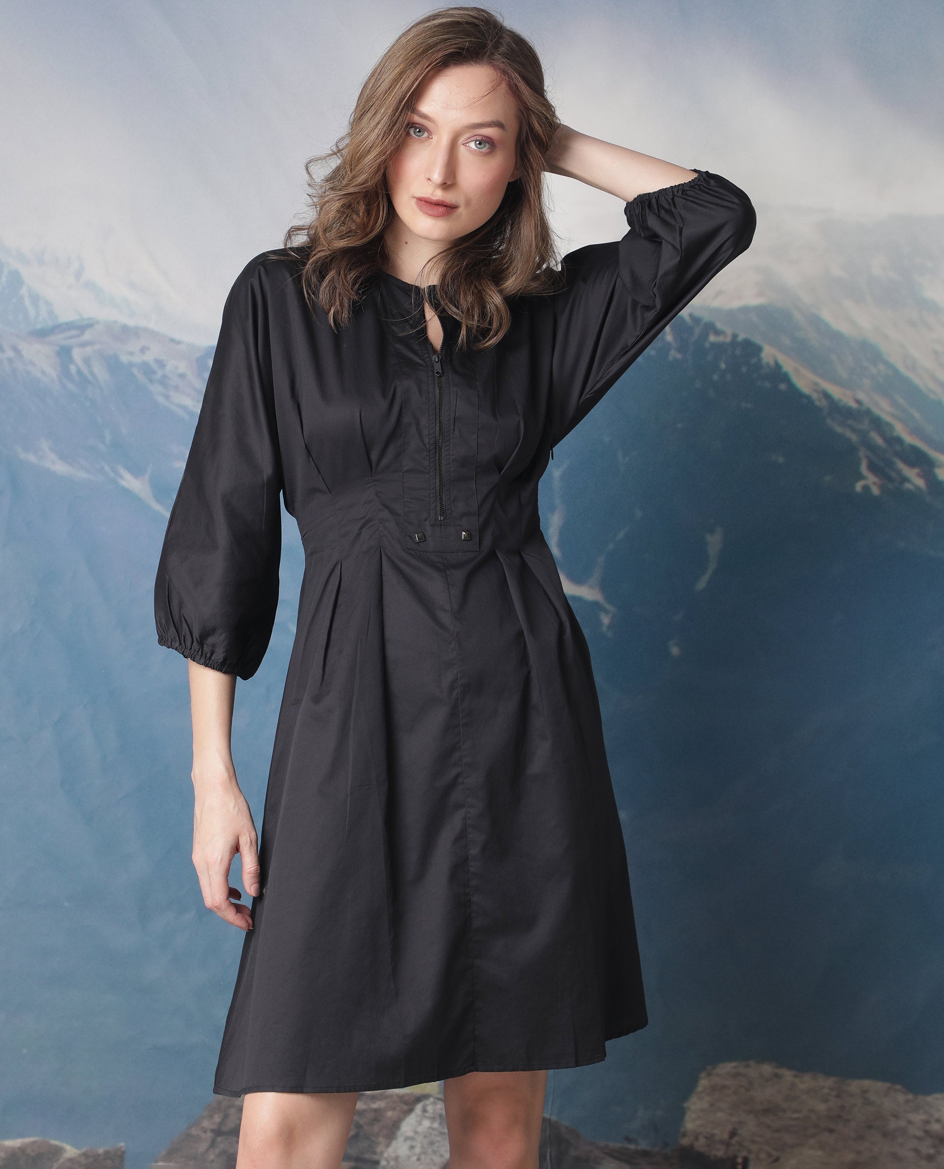 WOMEN'S MAYEM BLACK DRESS COTTON FABRIC FULL SLEEVES SOLID