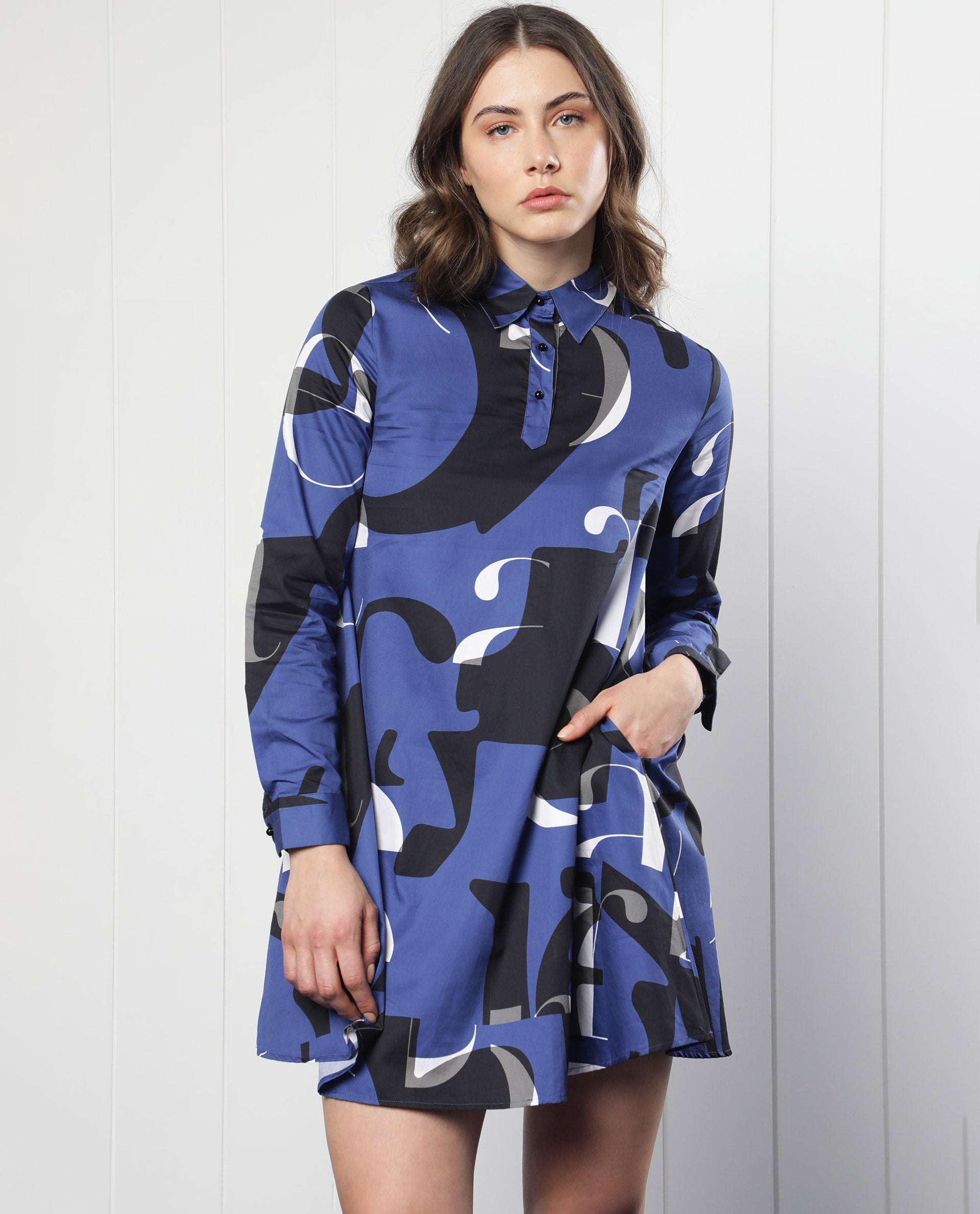 WOMEN'S MACIE BLUE DRESS COTTON FABRIC FULL SLEEVES SLIM FIT PRINT