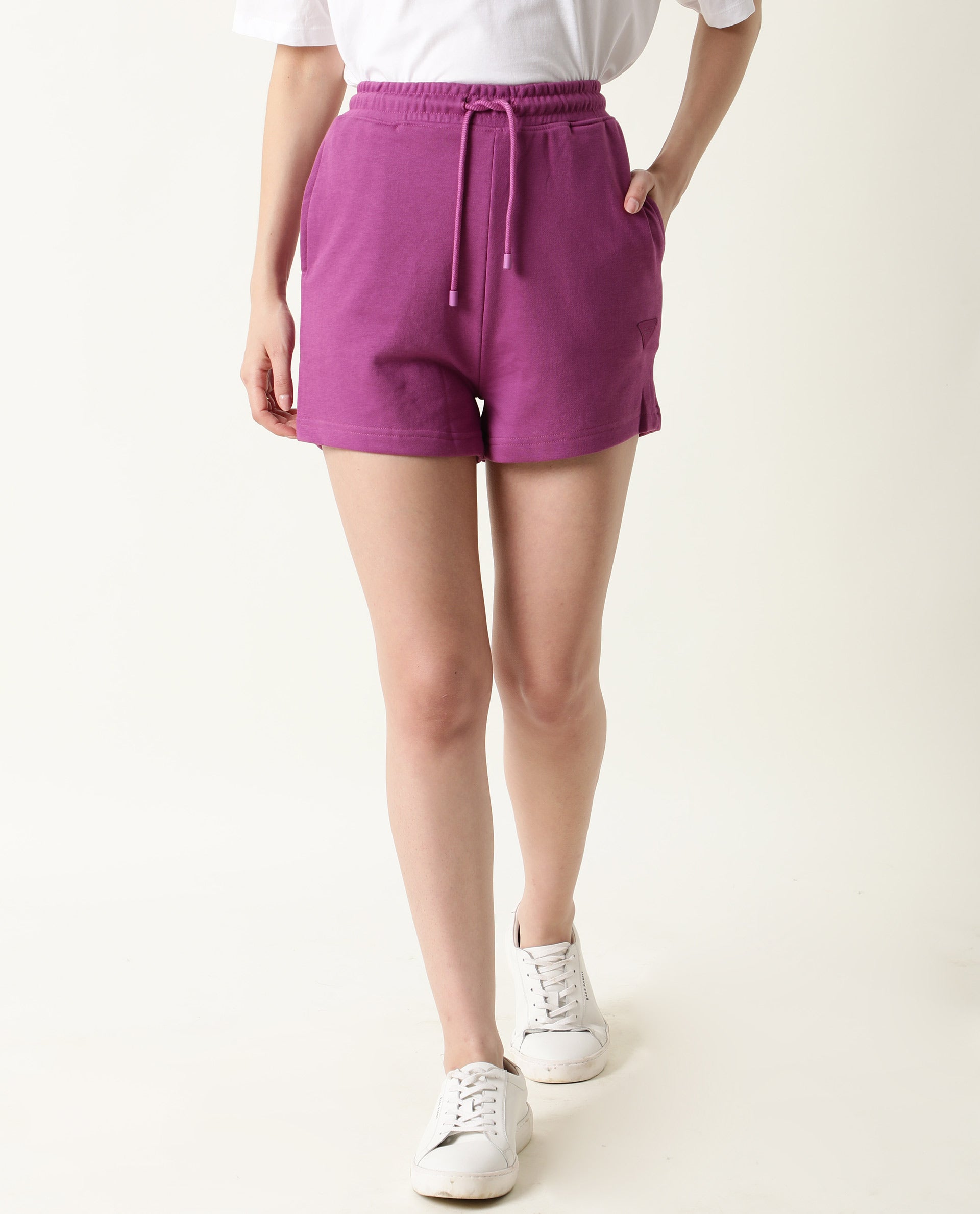 WOMENS SPENCE-1 PURPLE SHORTS REGULAR FIT POLYCOTTON FABRIC MID RISE ELASTICATED WAISTBAND