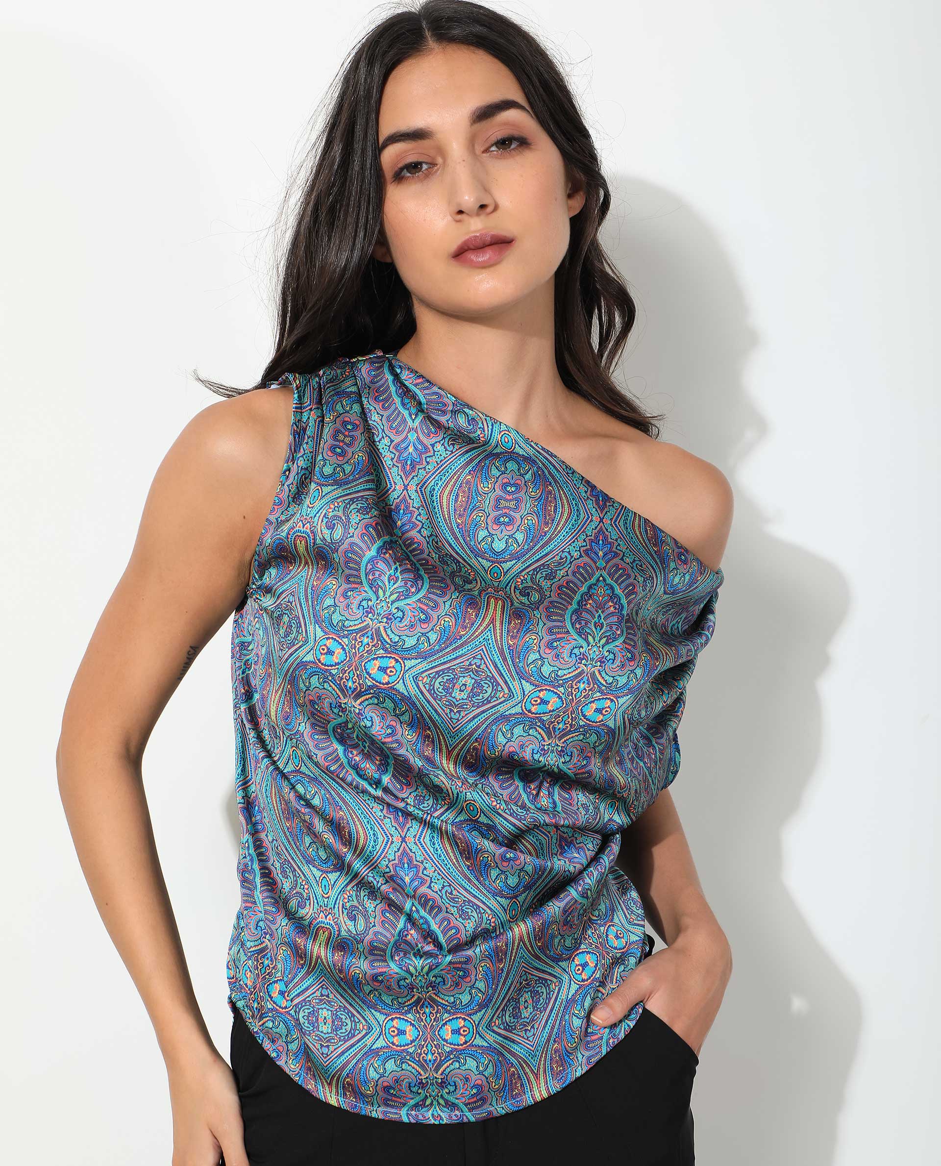 WOMEN'S SYDNEY BLUE TOP  POLYESTER FABRIC OFF SHOULDER PRINTED