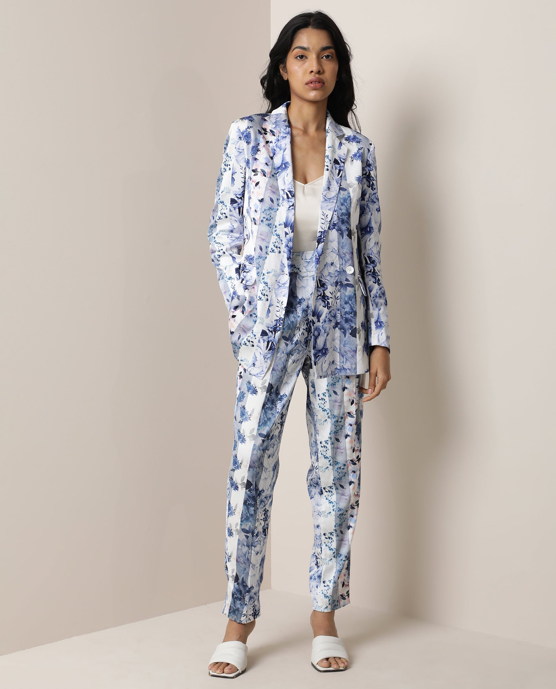 WOMEN'S SHABELLA BLUE BLAZER POLYESTER FABRIC PRINT