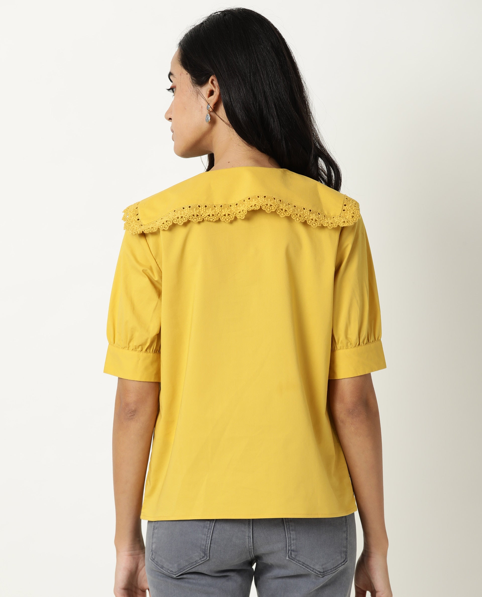 WOMENS FARSE YELLOW TOP Polyester FABRIC Regular FIT Cuffed Sleeve Collared Neck