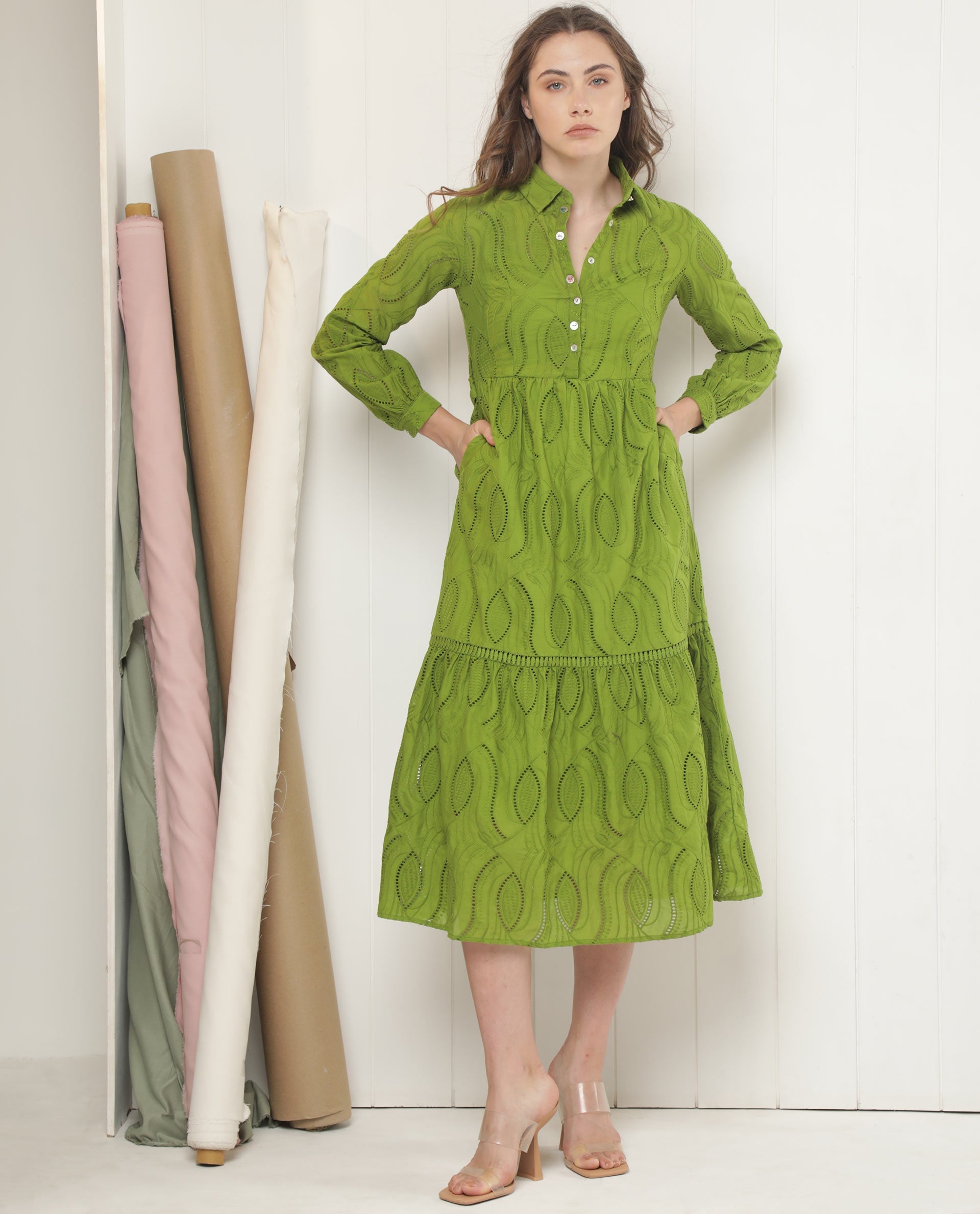 WOMEN'S DARCY GREEN DRESS COTTON FABRIC FULL SLEEVES SLIM FIT SOLID