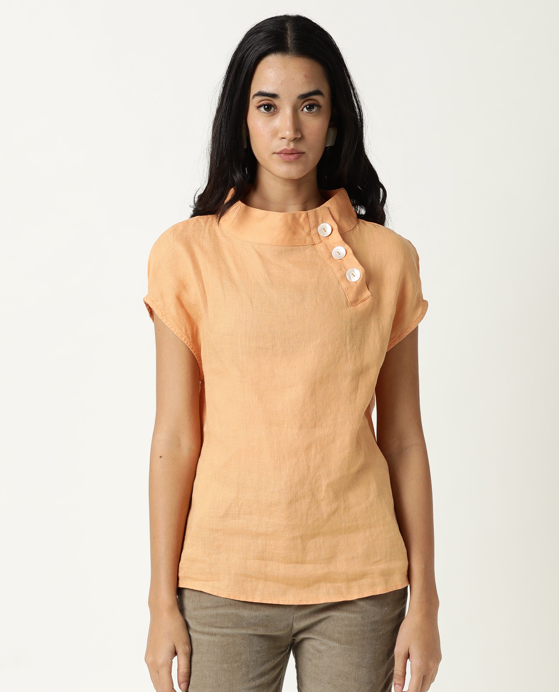 WOMENS KAVIER ORANGE TOP Cotton Linen FABRIC Regular FIT Extended Sleeves High Neck