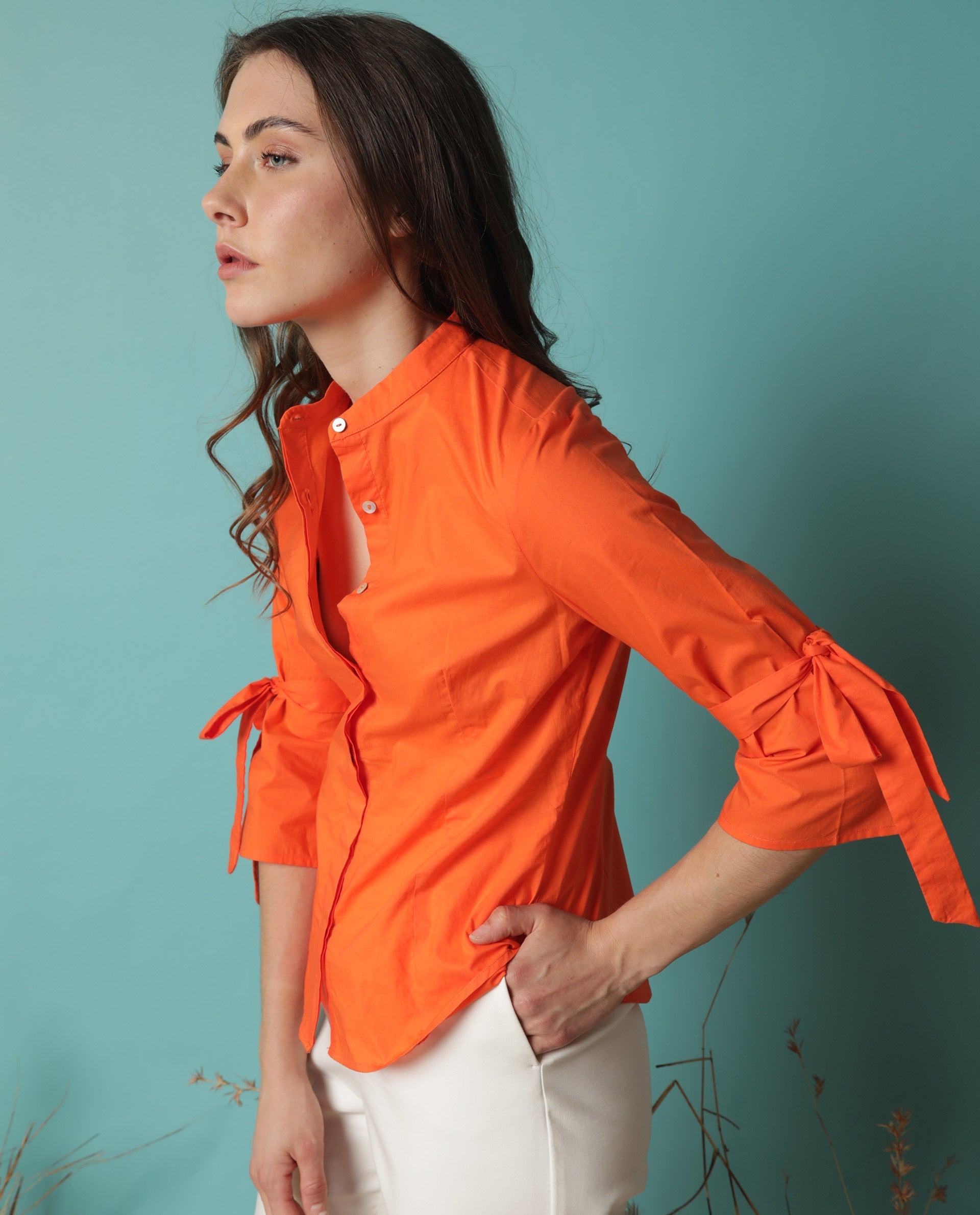 WOMEN'S TIPS ORANGE SHIRT COTTON FABRIC FULL SLEEVES SOLID