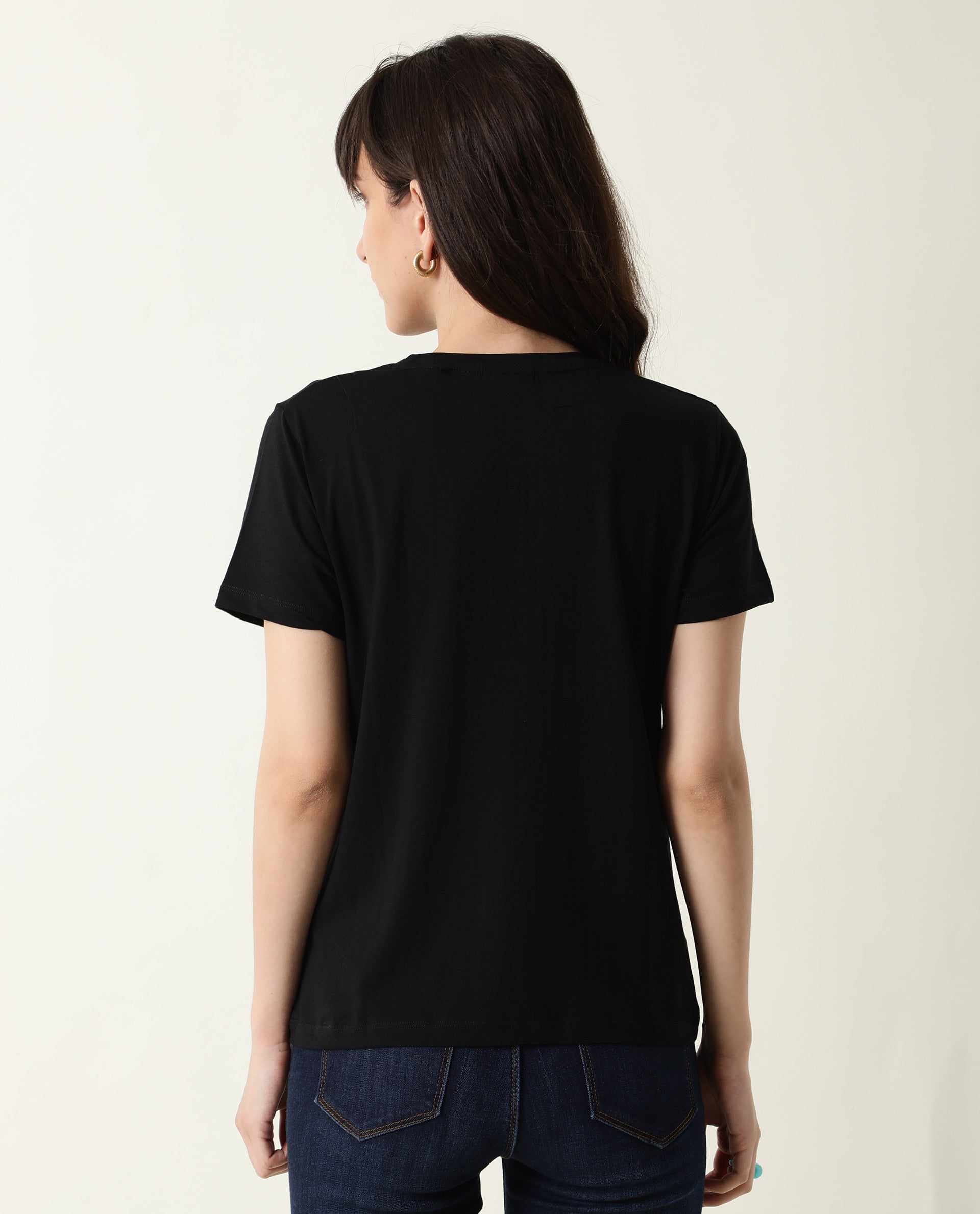 WOMENS FUJI BLACK COTTON FABRIC SLIM FIT SHORT SLEEVE ROUND NECK