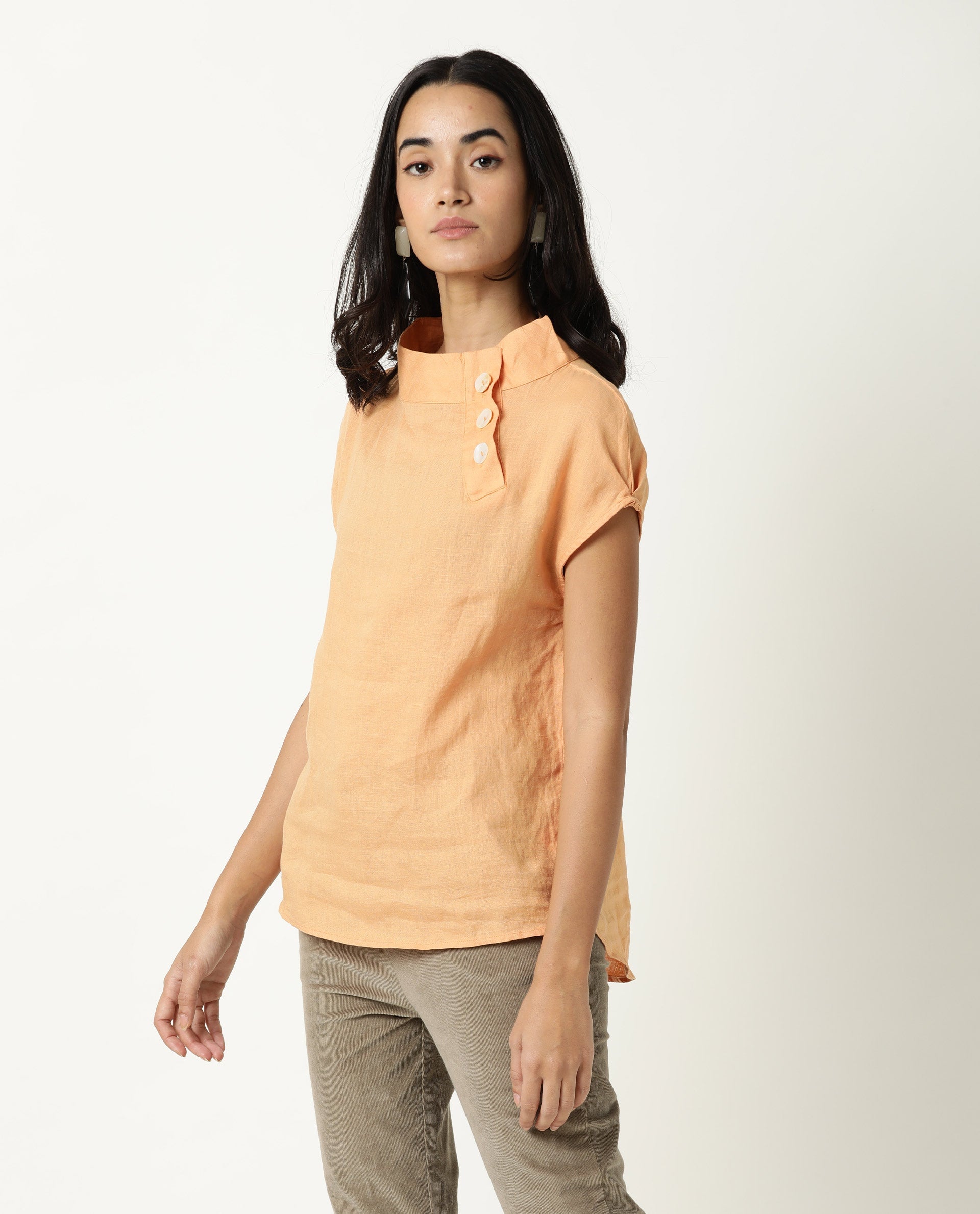 WOMENS KAVIER ORANGE TOP Cotton Linen FABRIC Regular FIT Extended Sleeves High Neck