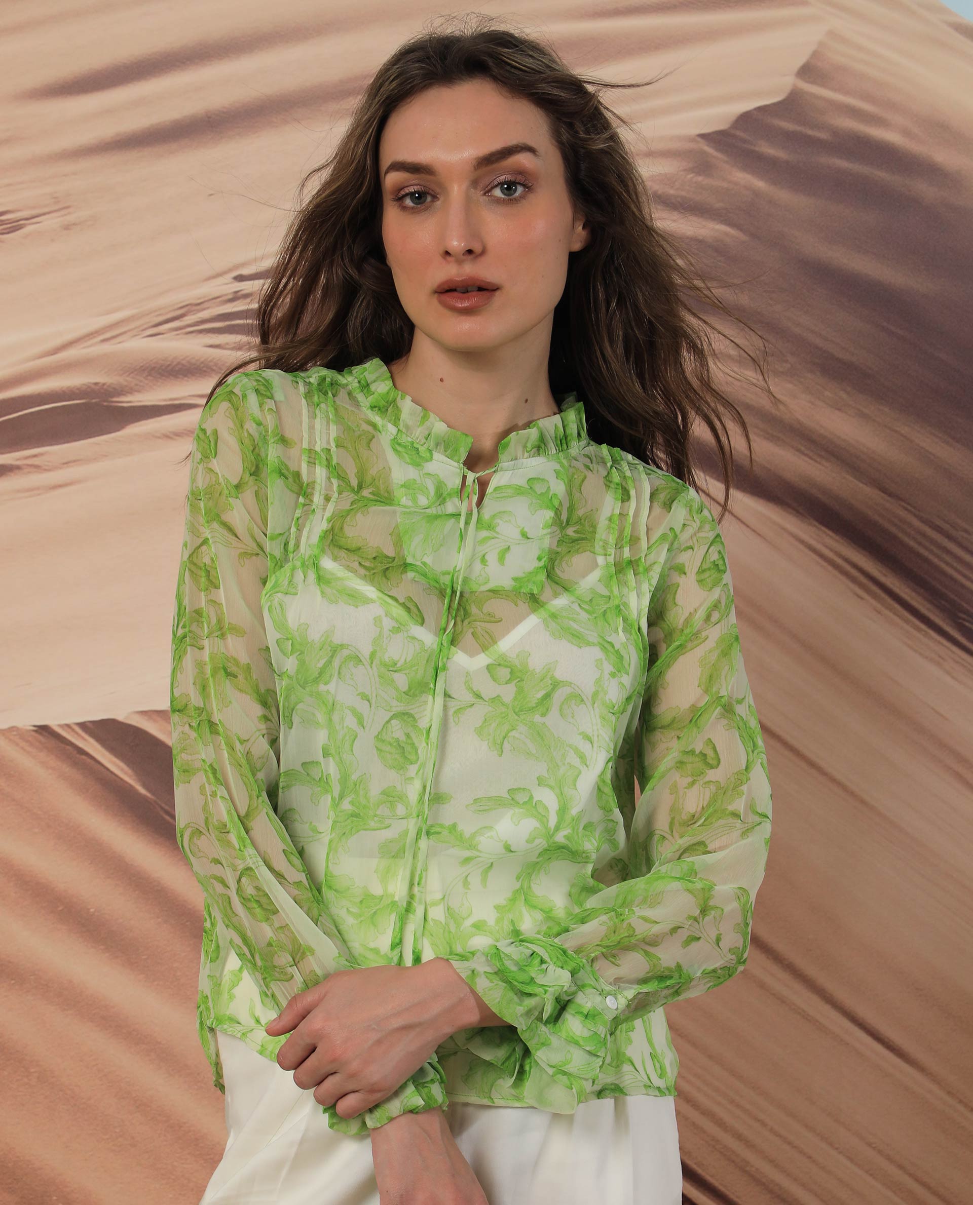 WOMEN'S WILLOW GREEN TOP  POLYESTER FABRIC PRINTED