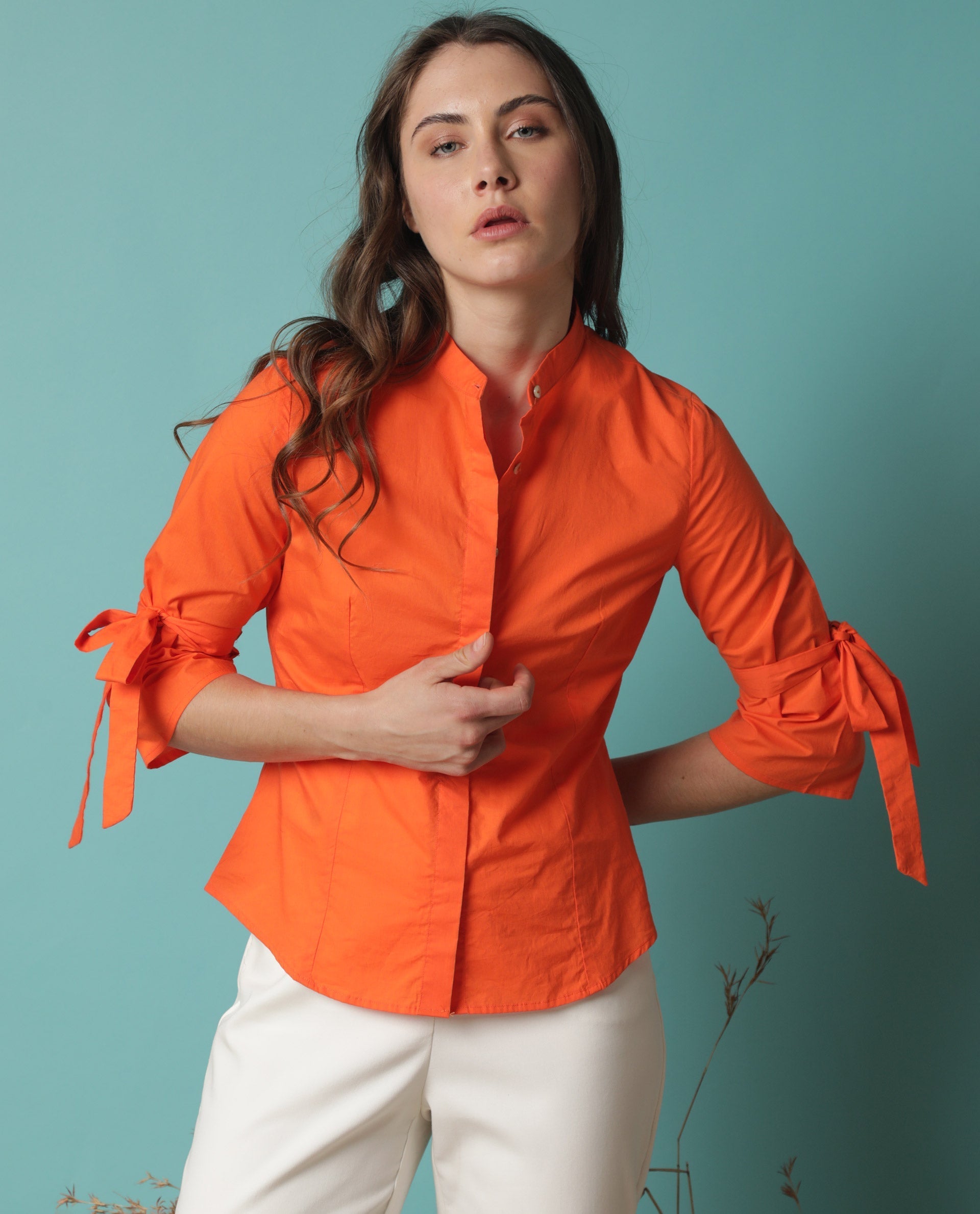 WOMEN'S TIPS ORANGE SHIRT COTTON FABRIC FULL SLEEVES SOLID