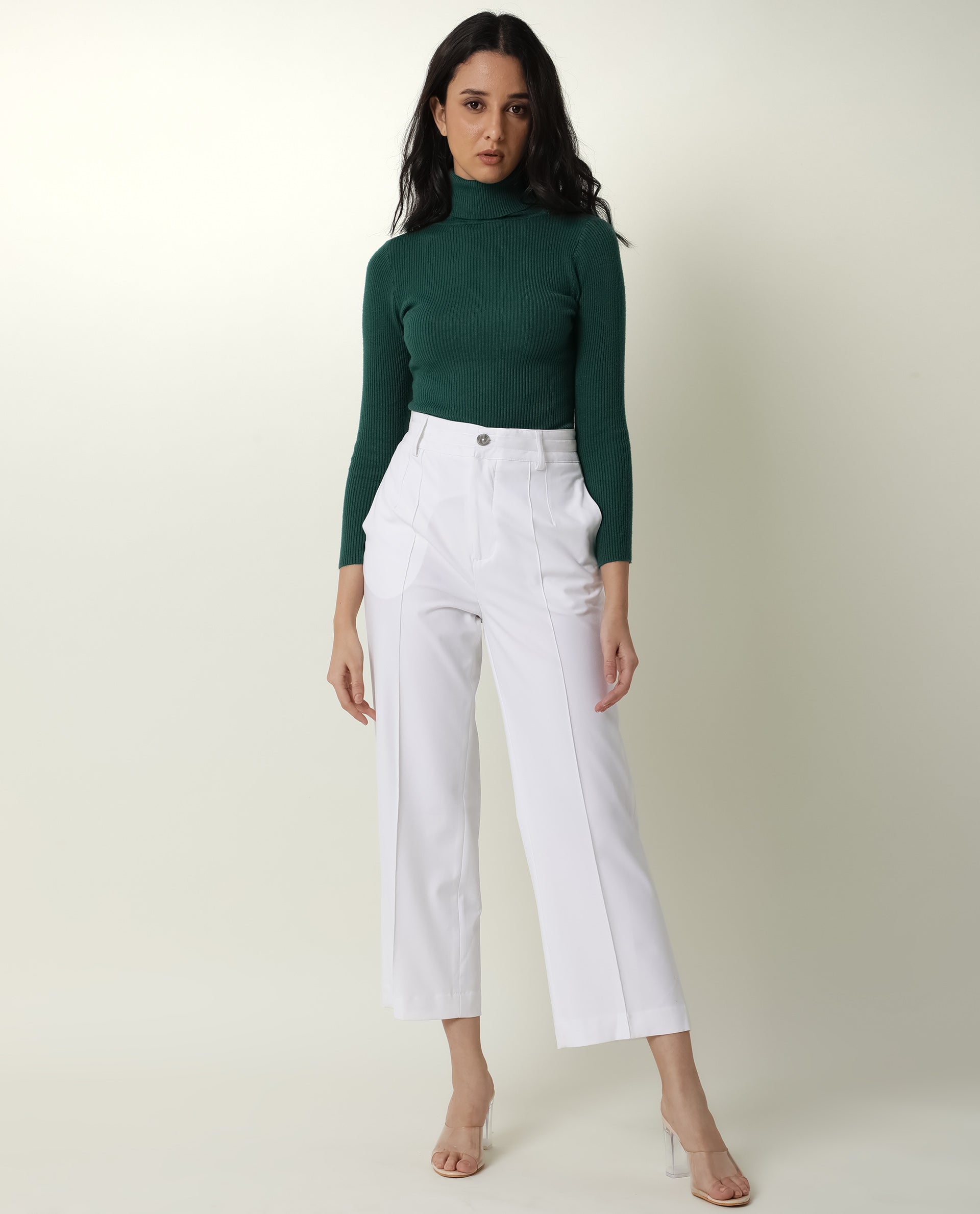 WOMENS MALLINDA WHITE TROUSER Polycotton Lycra FABRIC Tailored FIT Button CLOSURE High Rise WAIST RISE Ankle Length