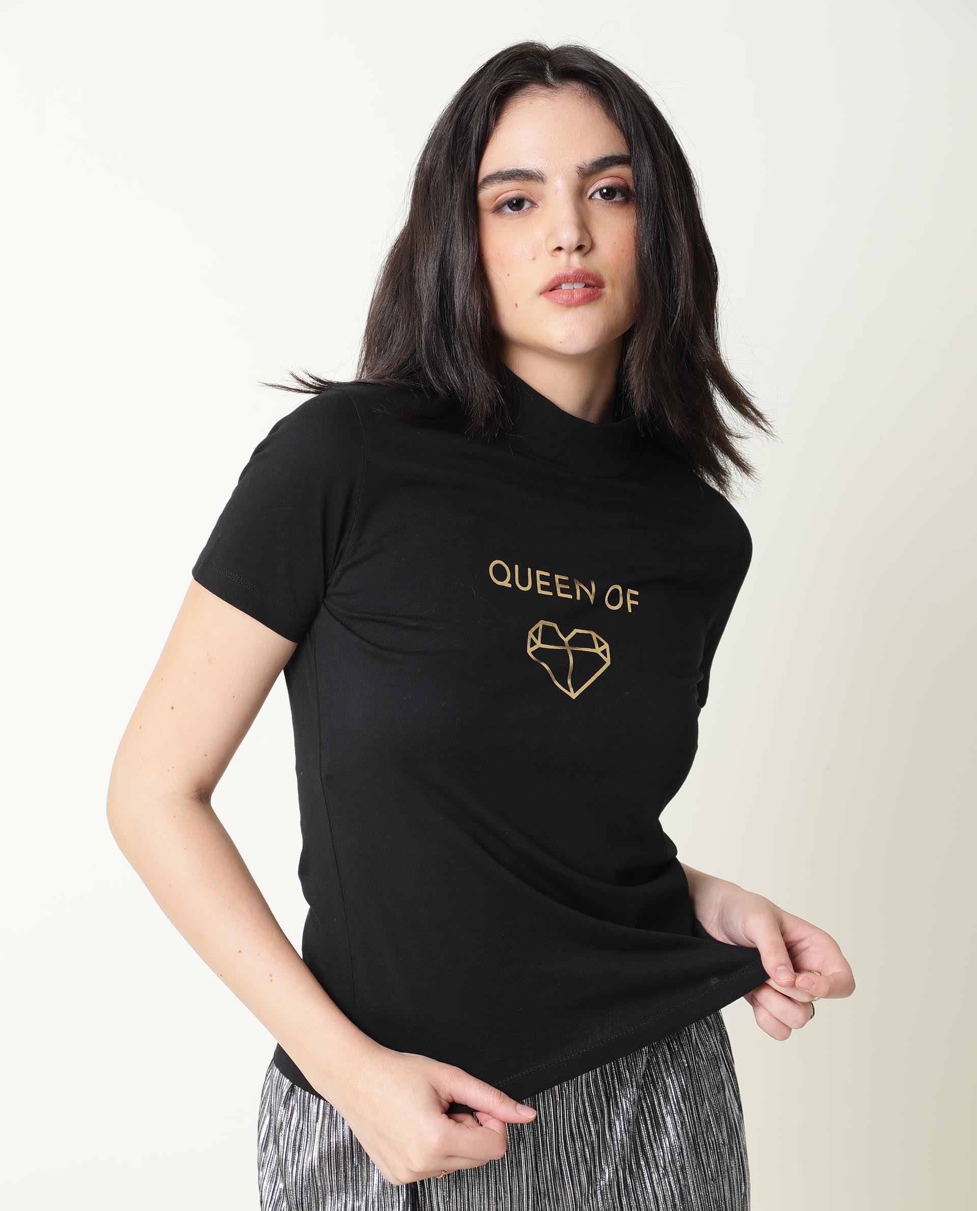 WOMENS QUEENIE BLACK T-SHIRT POLYCOTTON FABRIC REGULAR FIT SHORT SLEEVES ROUND NECK