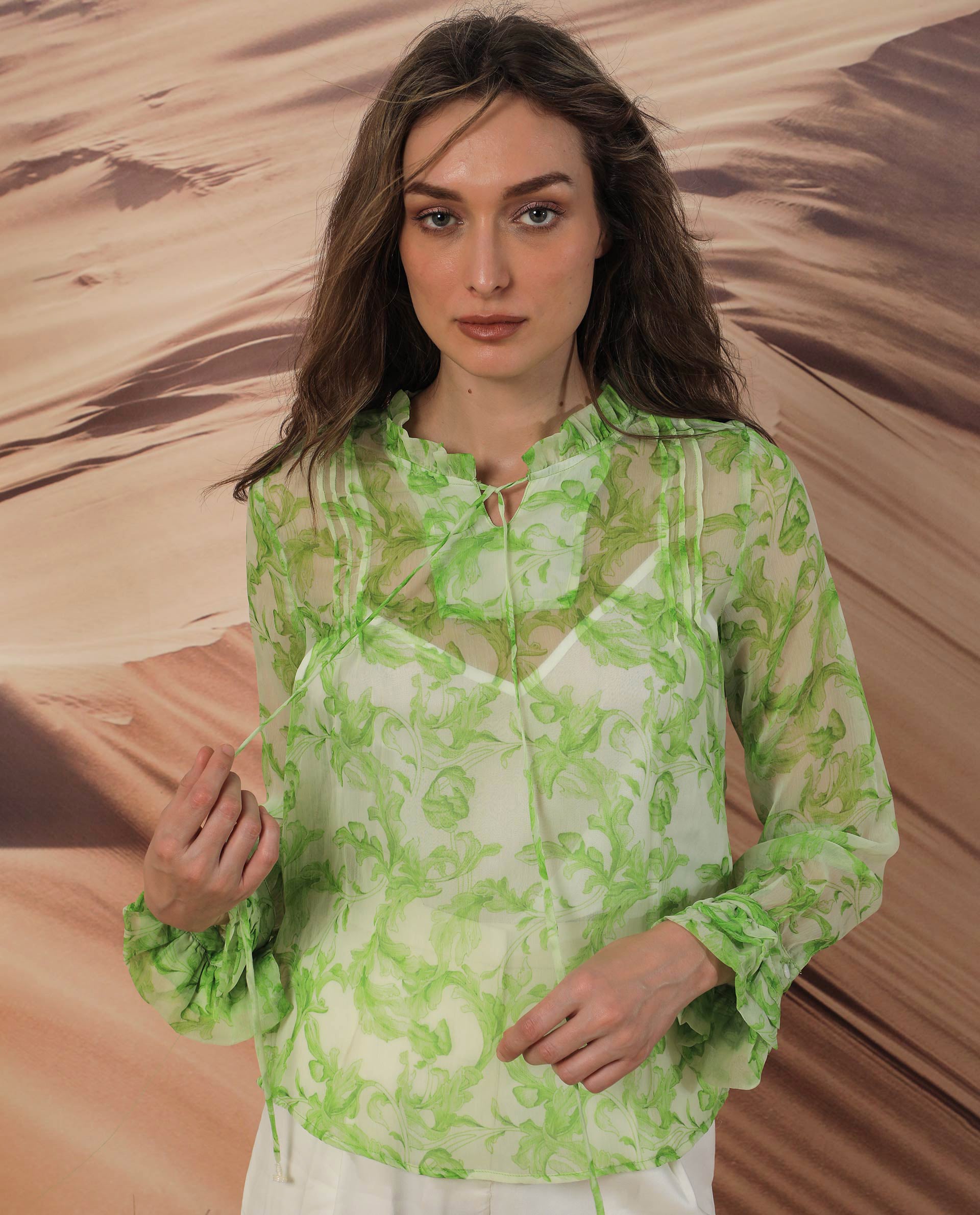 WOMEN'S WILLOW GREEN TOP  POLYESTER FABRIC PRINTED