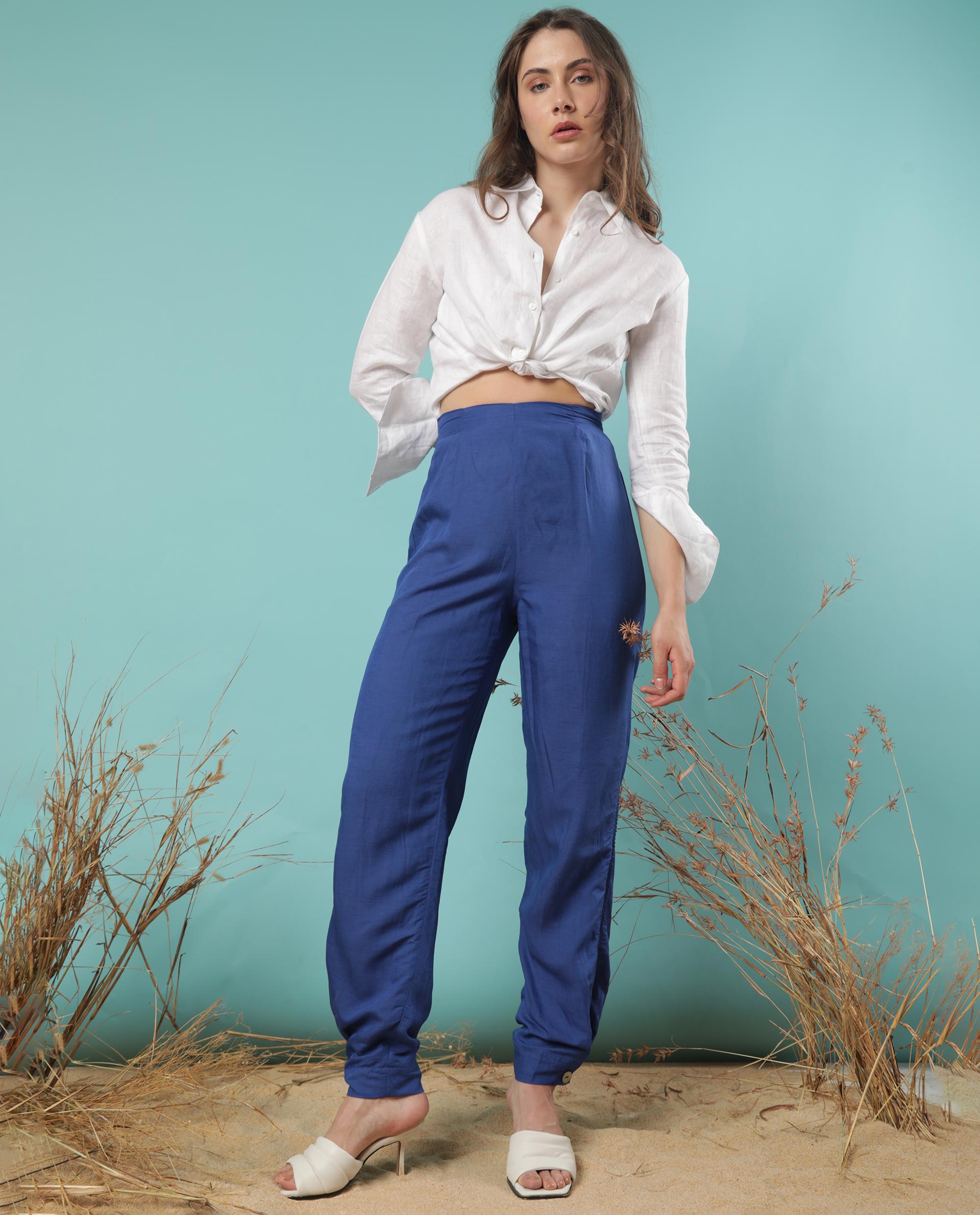 WOMEN'S ERIN BLUE TROUSERS MODAL LINEN FABRIC SOLID