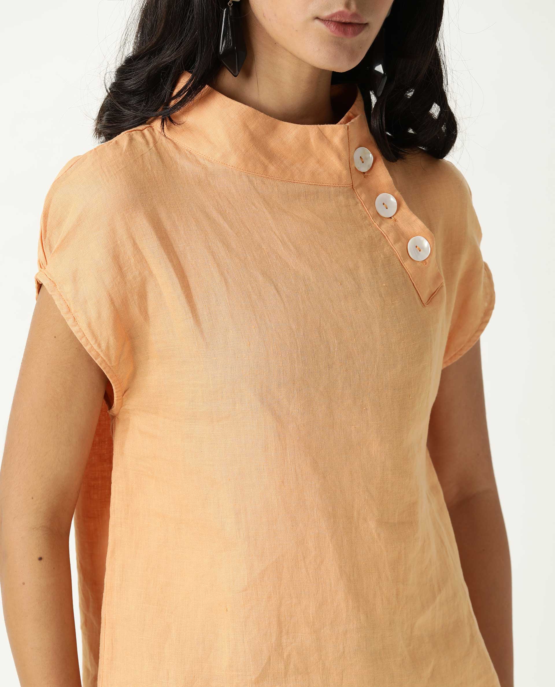 WOMENS KAVIER ORANGE TOP Cotton Linen FABRIC Regular FIT Extended Sleeves High Neck