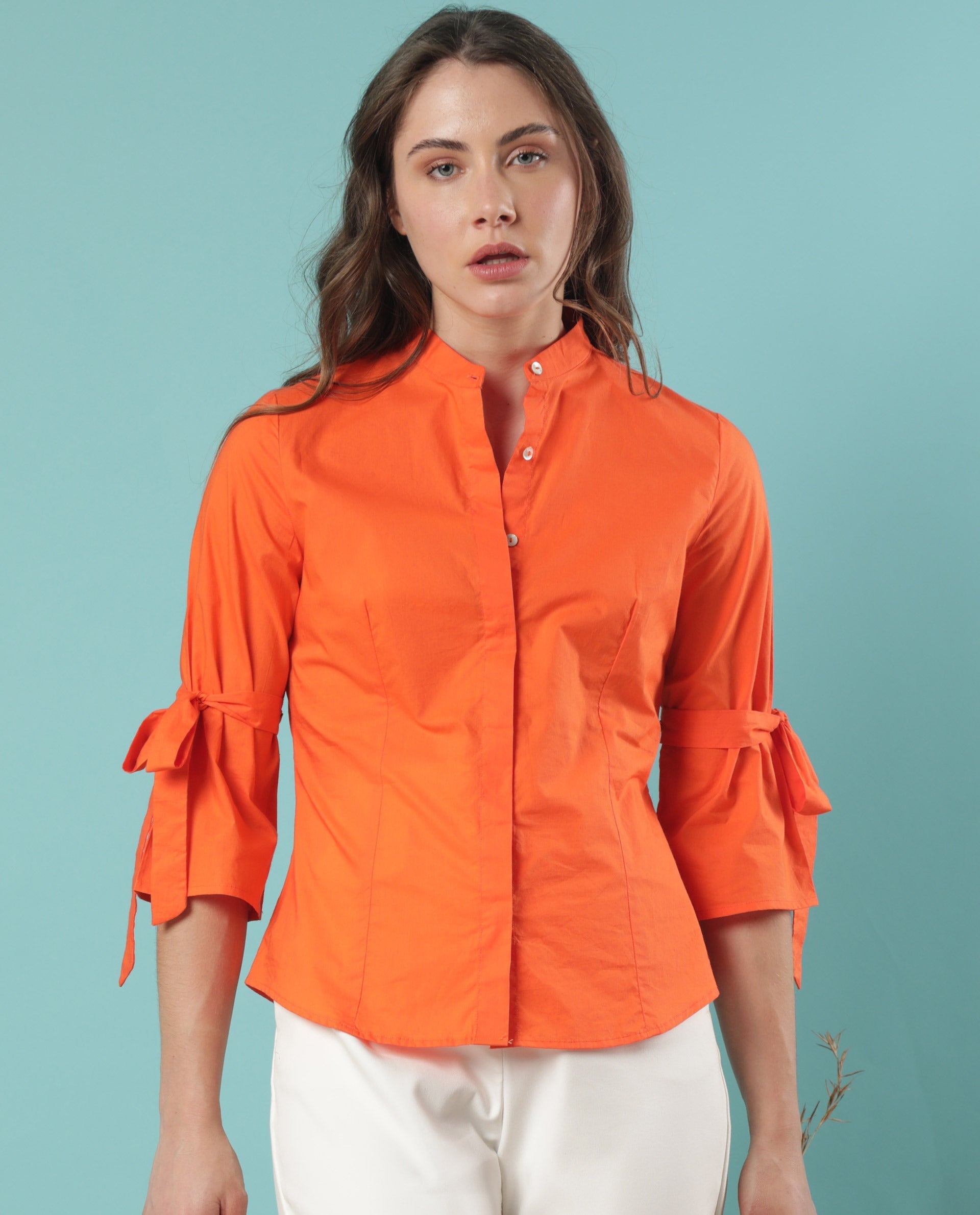 WOMEN'S TIPS ORANGE SHIRT COTTON FABRIC FULL SLEEVES SOLID