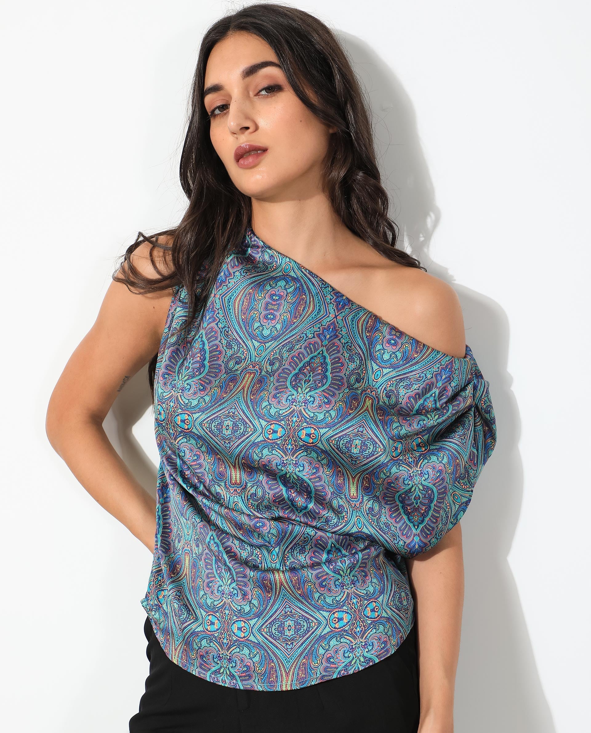 WOMEN'S SYDNEY BLUE TOP  POLYESTER FABRIC OFF SHOULDER PRINTED