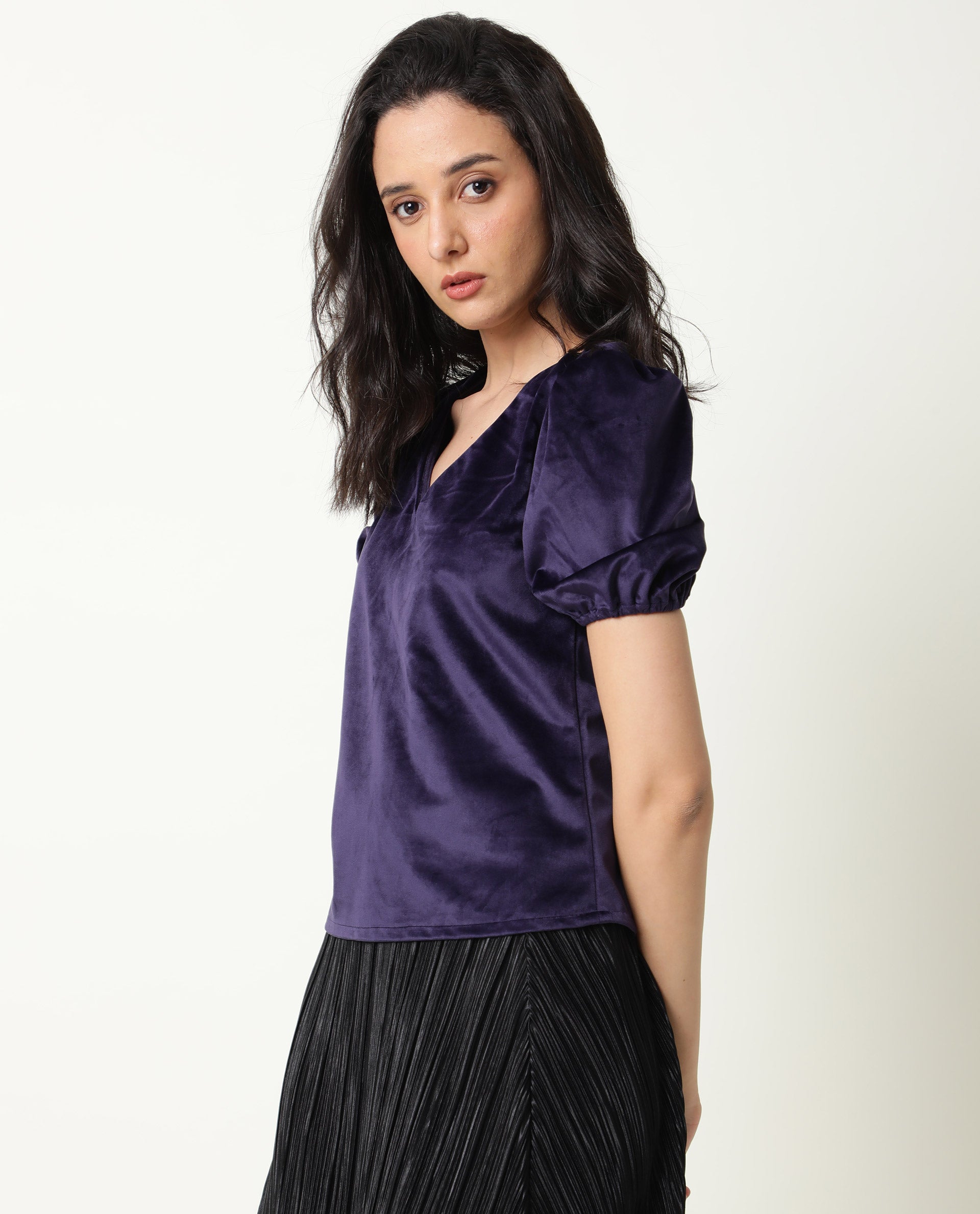 WOMENS MUN NAVY TOP Suede FABRIC  Half Sleeve V Neck