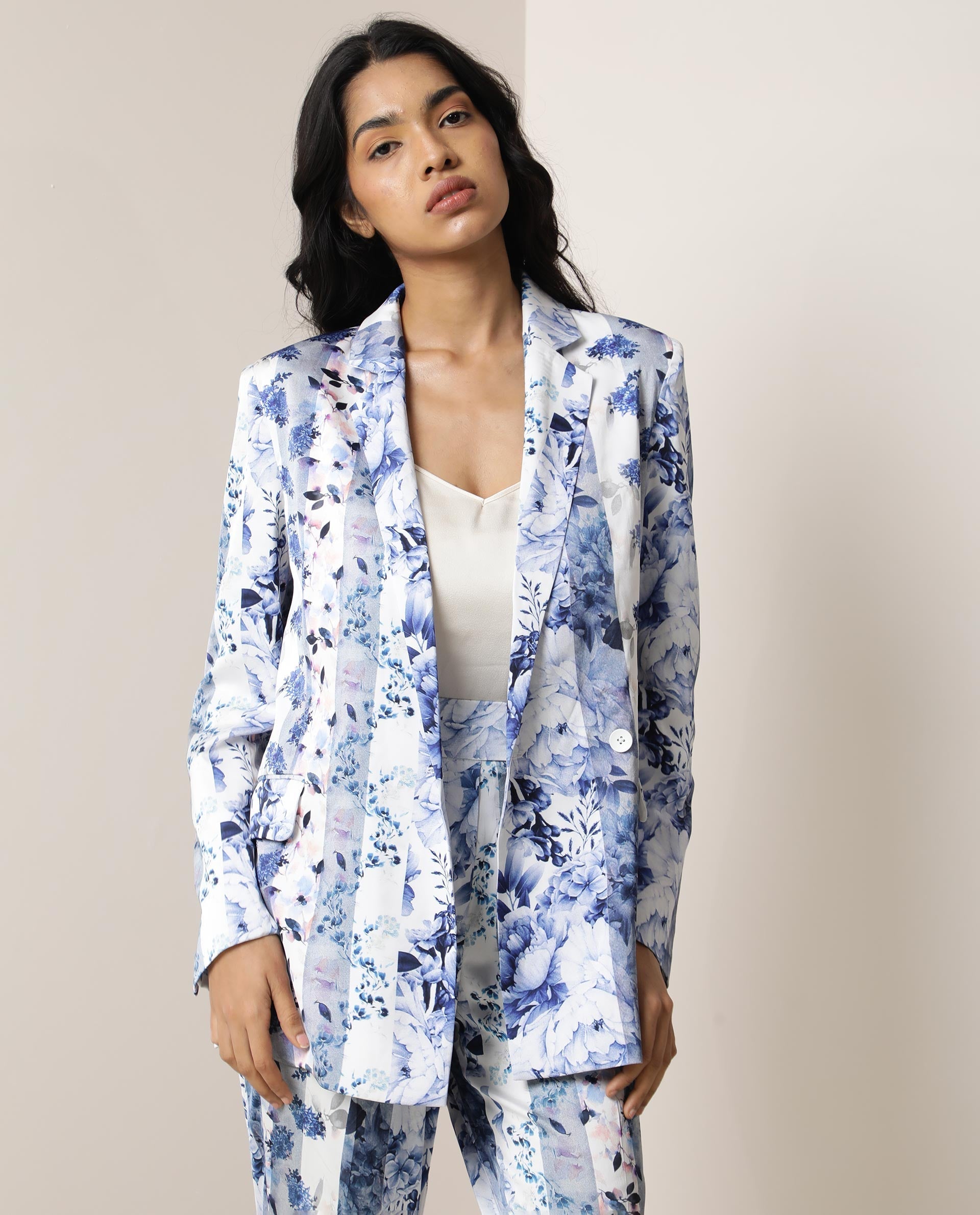 WOMEN'S SHABELLA BLUE BLAZER POLYESTER FABRIC PRINT