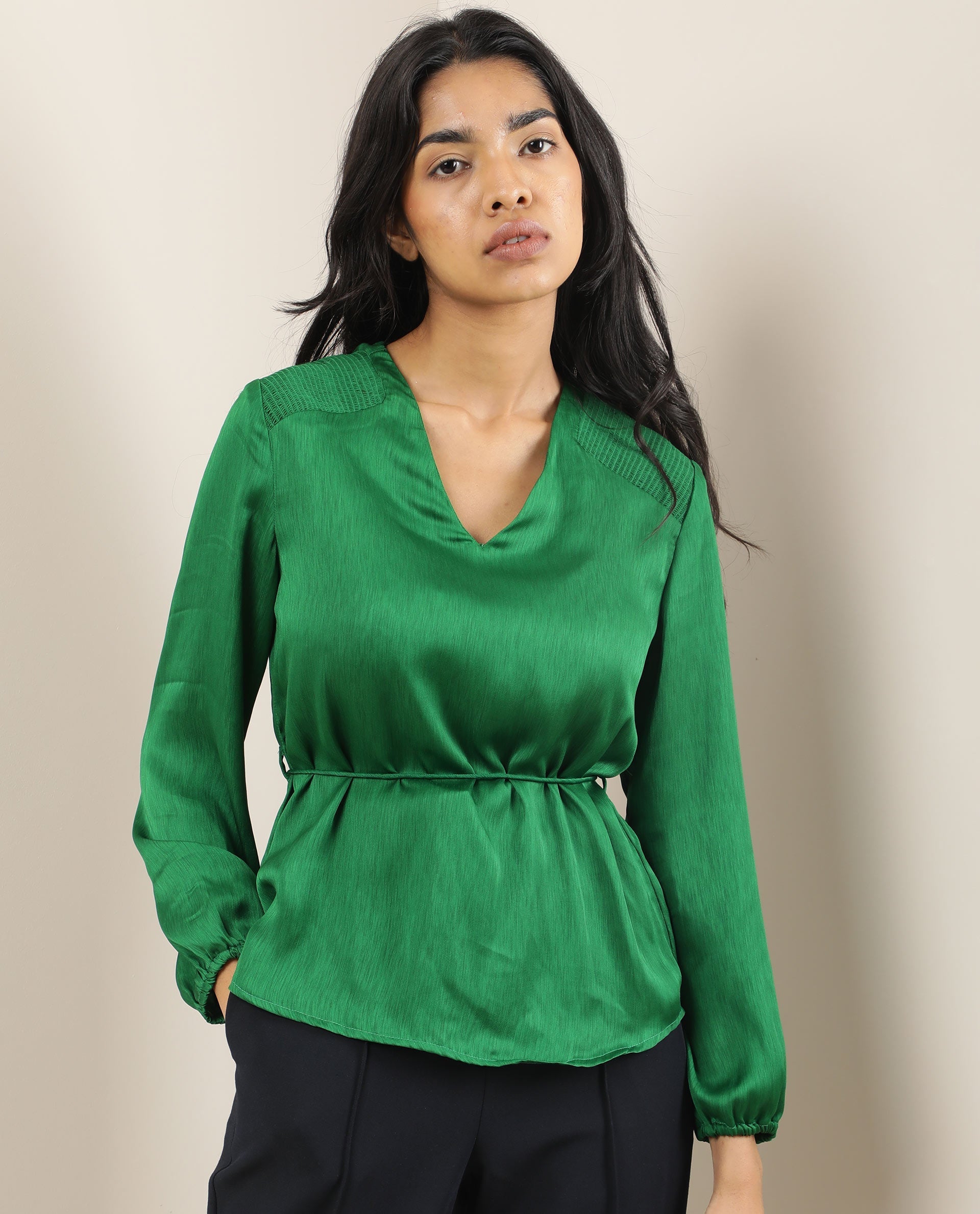 WOMENS DRONITE GREEN TOP Polyester FABRIC  Full Sleeve V Neck