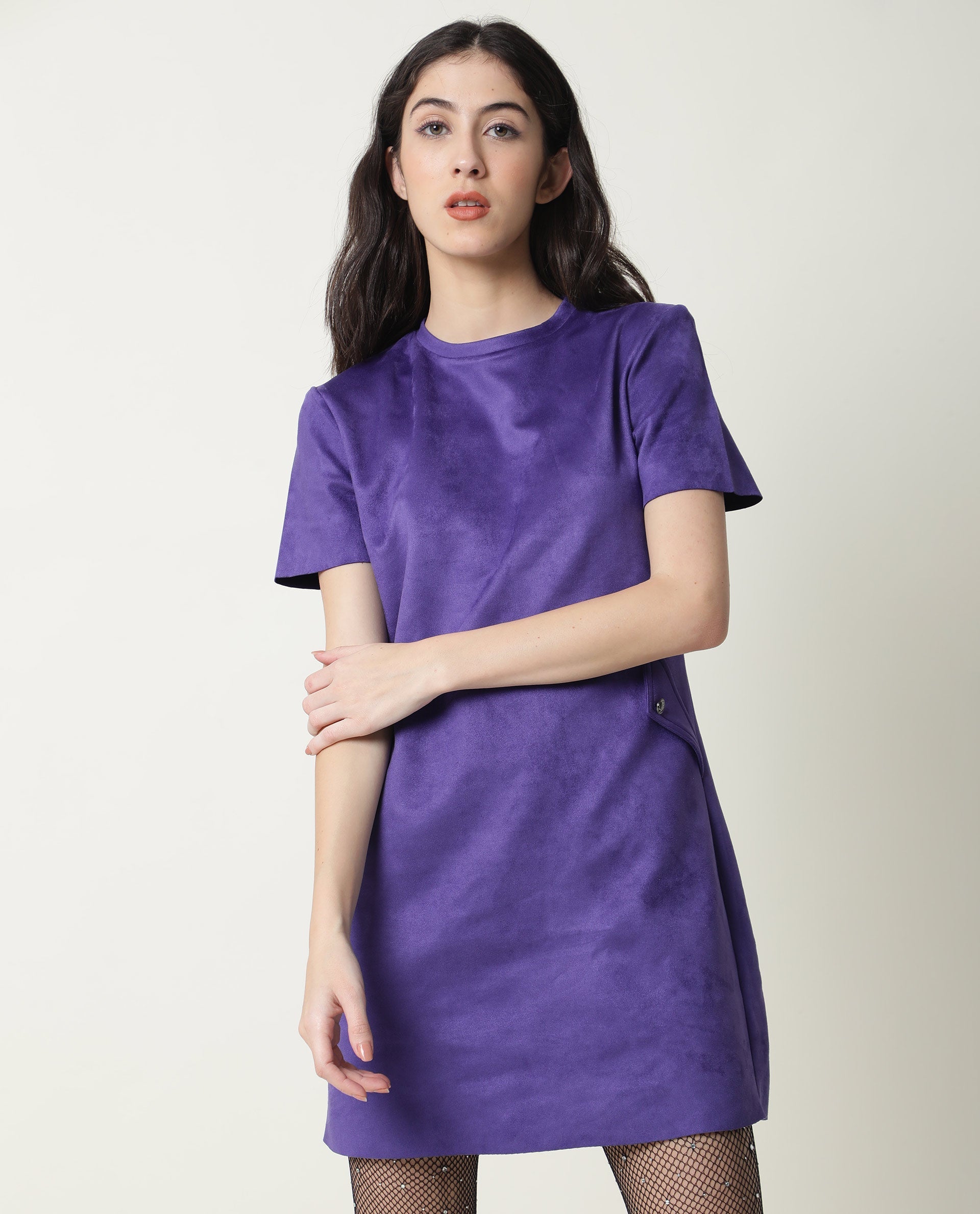 WOMEN'S SIONS PURPLE DRESS POLYESTER FABRIC REGULAR FIT SHORT SLEEVES CREW NECK