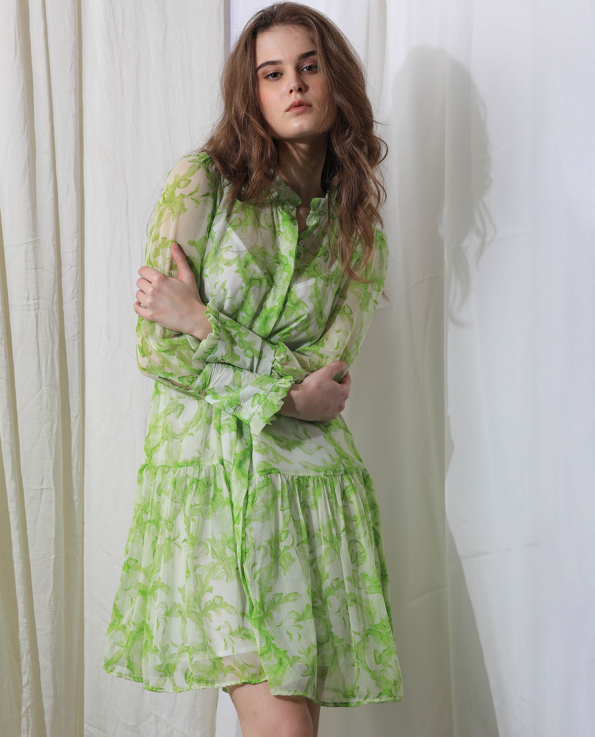 WOMEN'S QUIN GREEN DRESS  POLYESTER FABRIC PRINTED