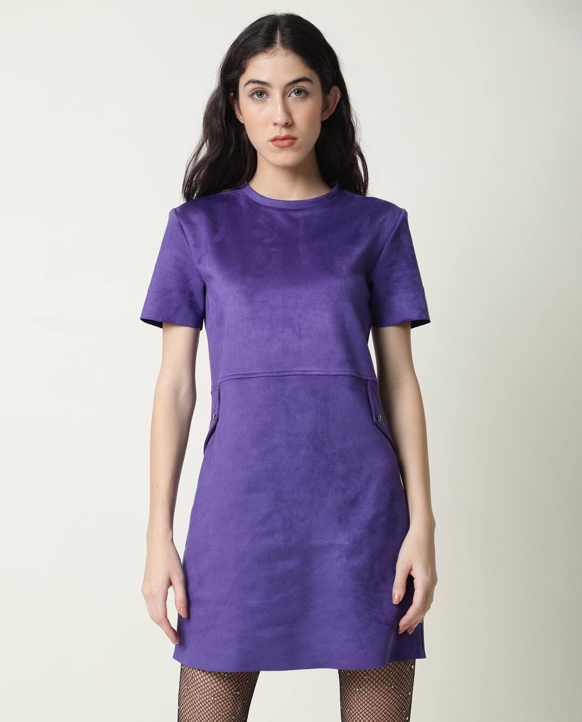 WOMEN'S SIONS PURPLE DRESS POLYESTER FABRIC REGULAR FIT SHORT SLEEVES CREW NECK