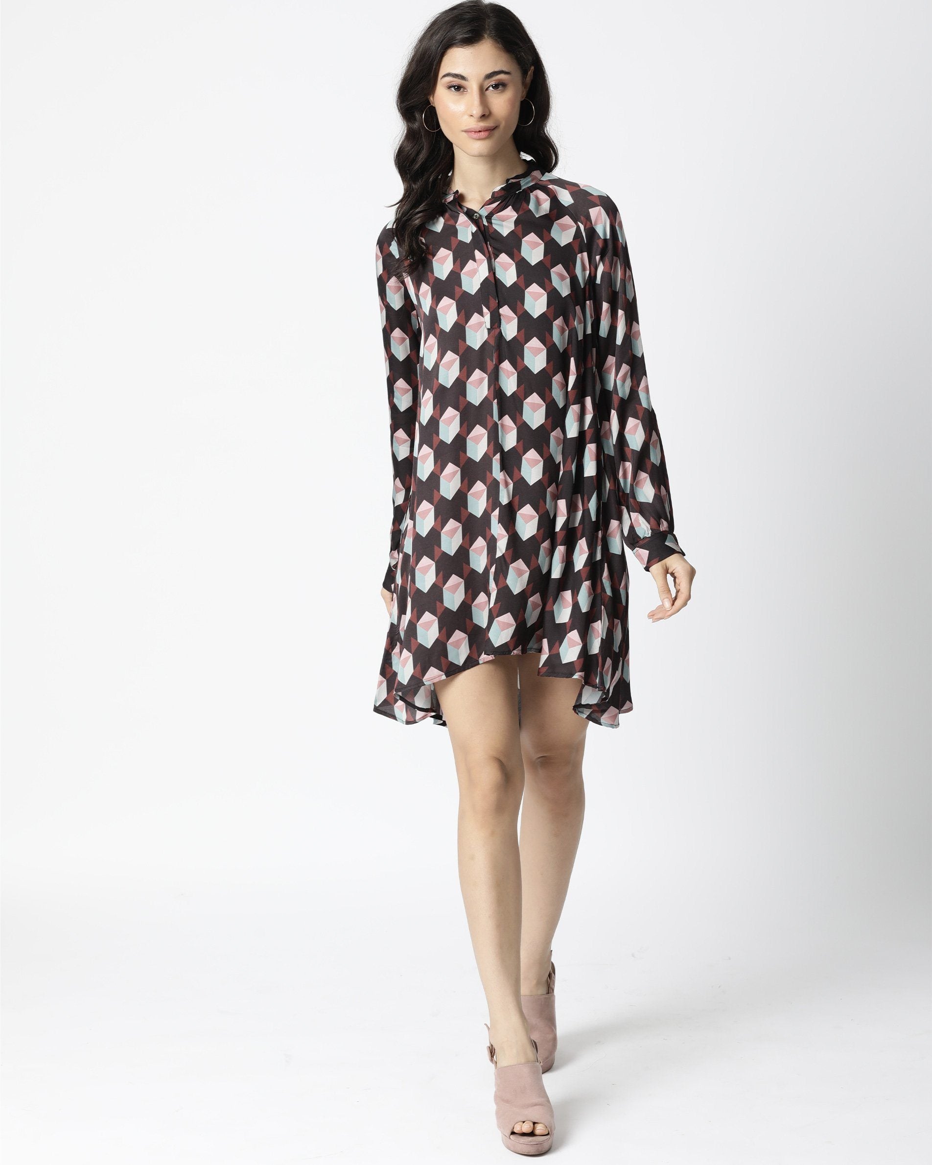 WOMEN'S ENGINE BROWN DRESS FULL SLEEVES PRINTED