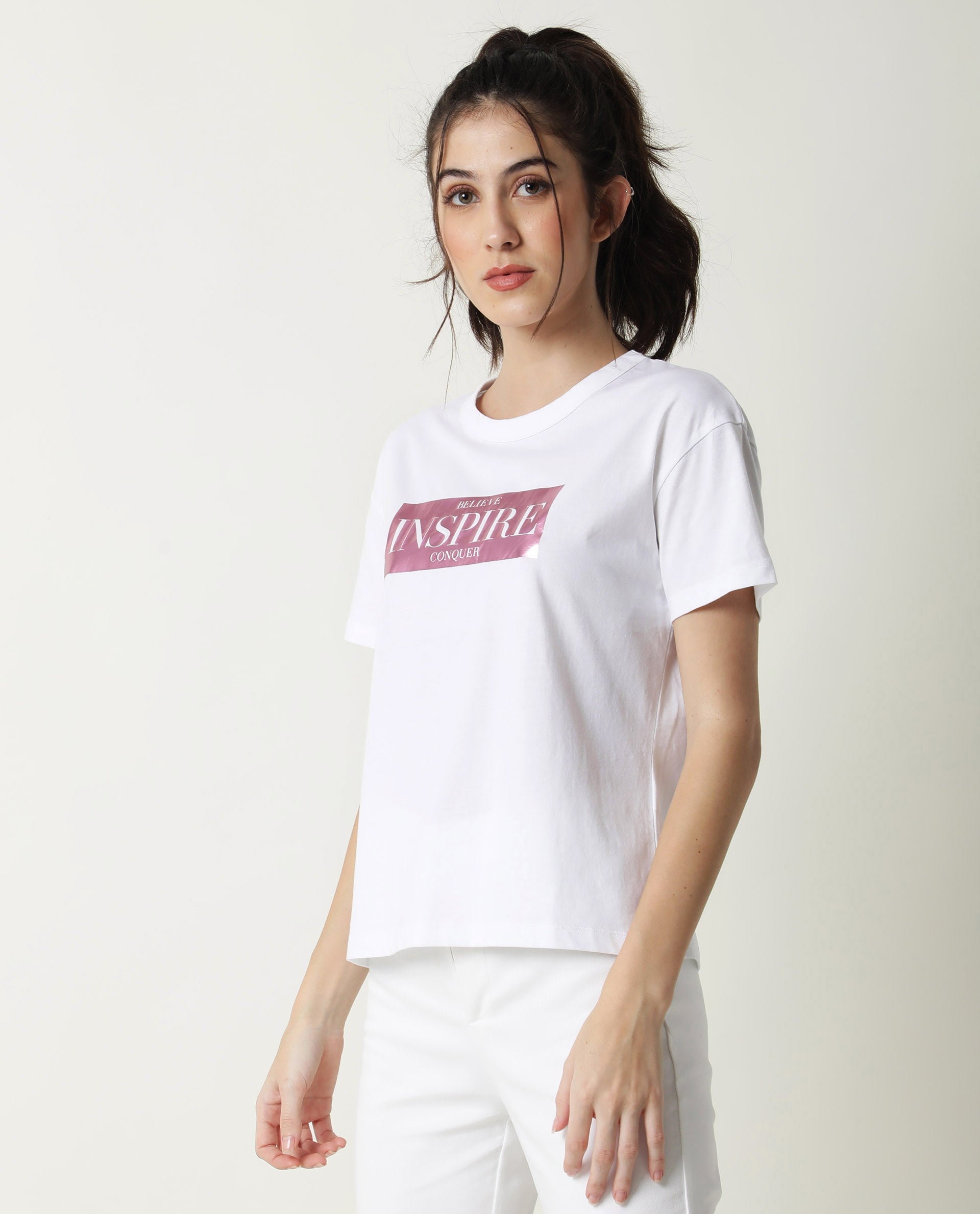 WOMENS INAGO WHITE T-SHIRT Cotton FABRIC Regular FIT Short Sleeve Crew neck