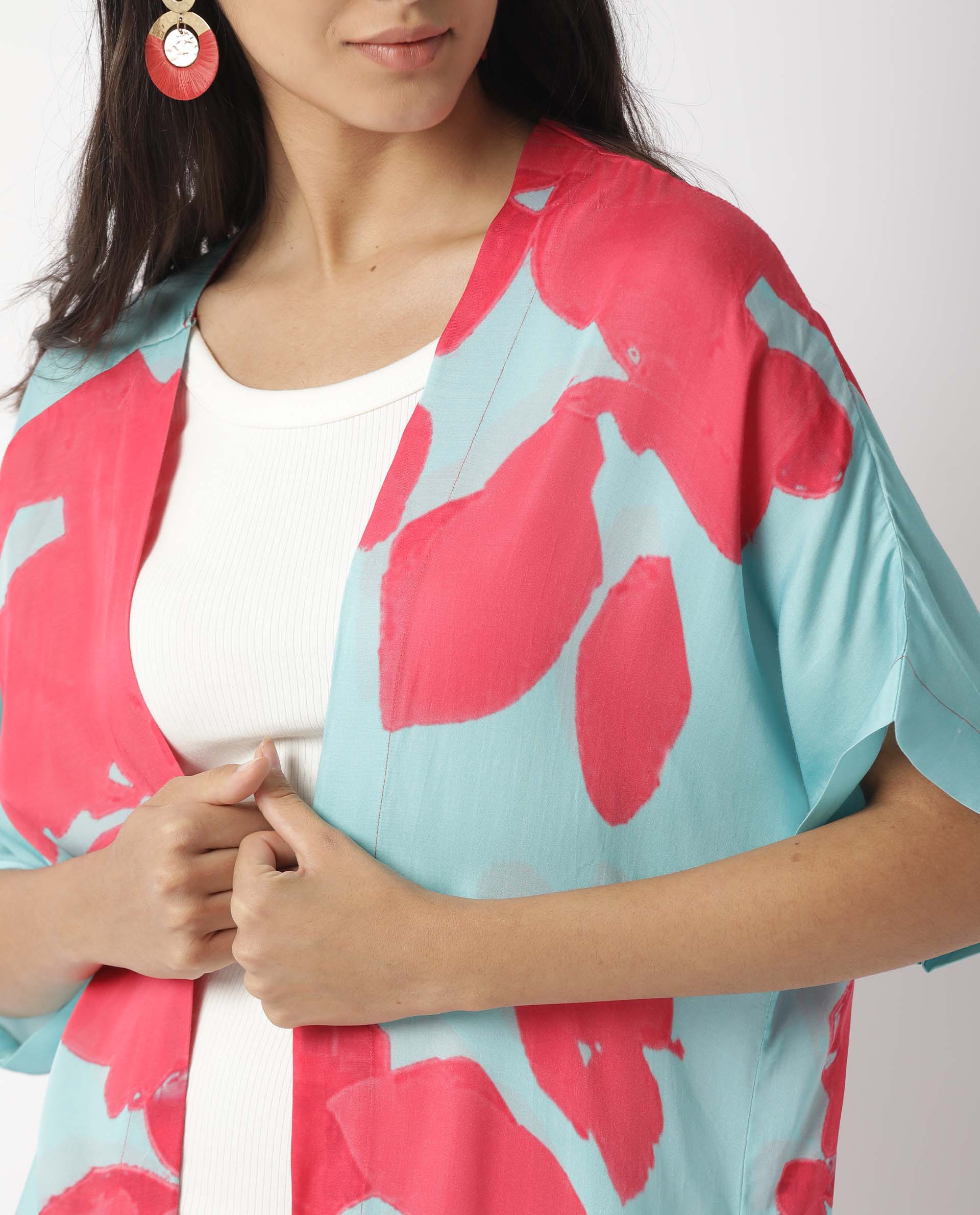 WOMENS LIMUR TURQUOISE OUTER WEAR Modal Satin FABRIC Regular FIT Half Sleeve Collarless NECK