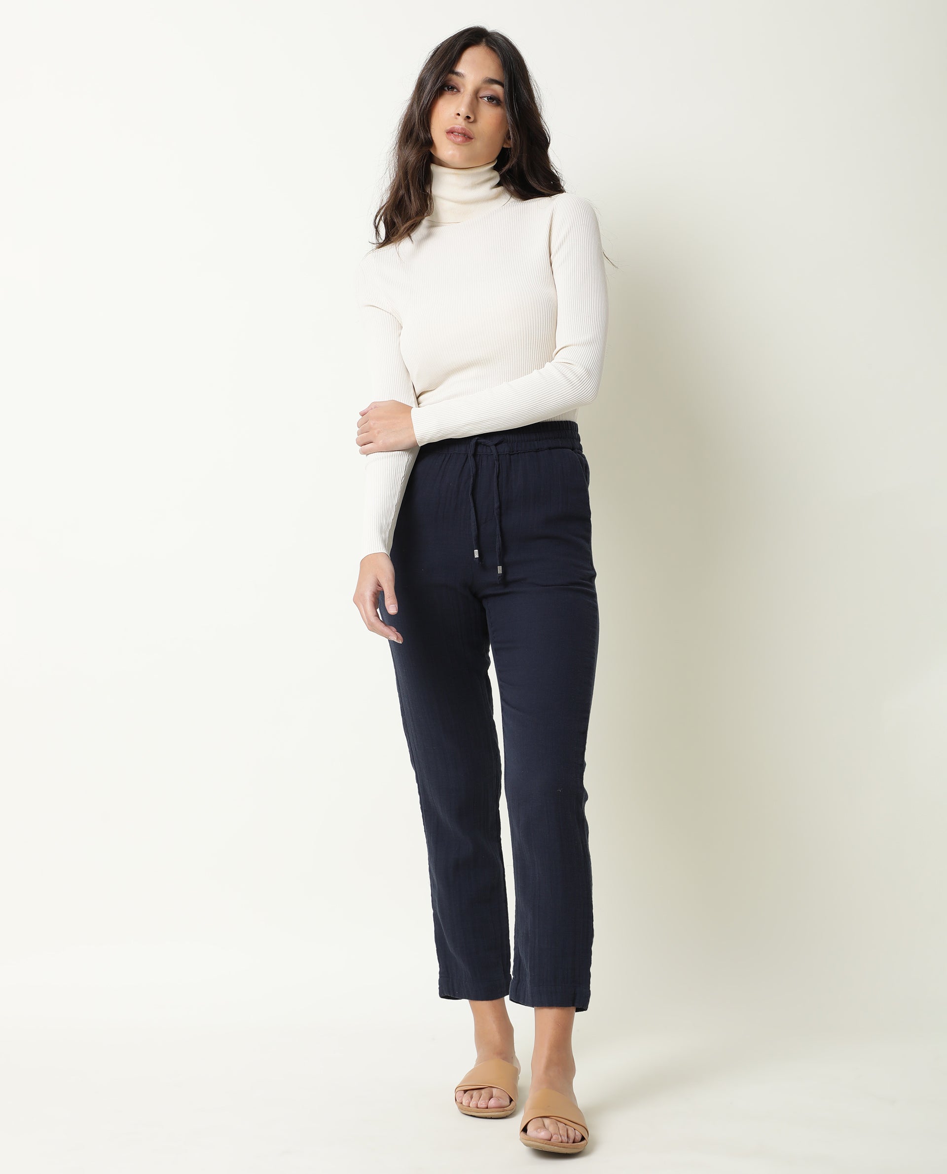 WOMENS ELO NAVY TROUSER Cotton FABRIC Regular FIT Draw string CLOSURE High Rise WAIST RISE Ankle Length
