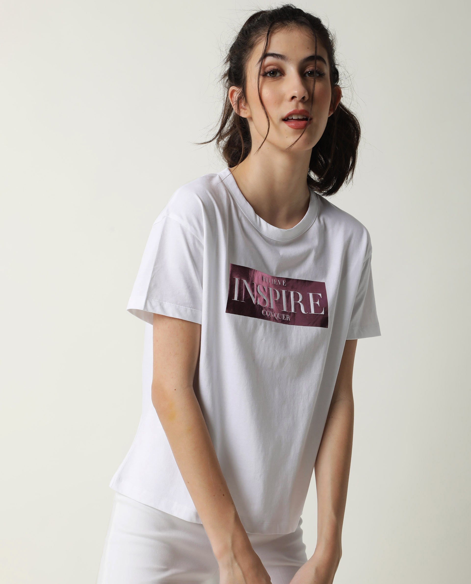 WOMENS INAGO WHITE T-SHIRT Cotton FABRIC Regular FIT Short Sleeve Crew neck