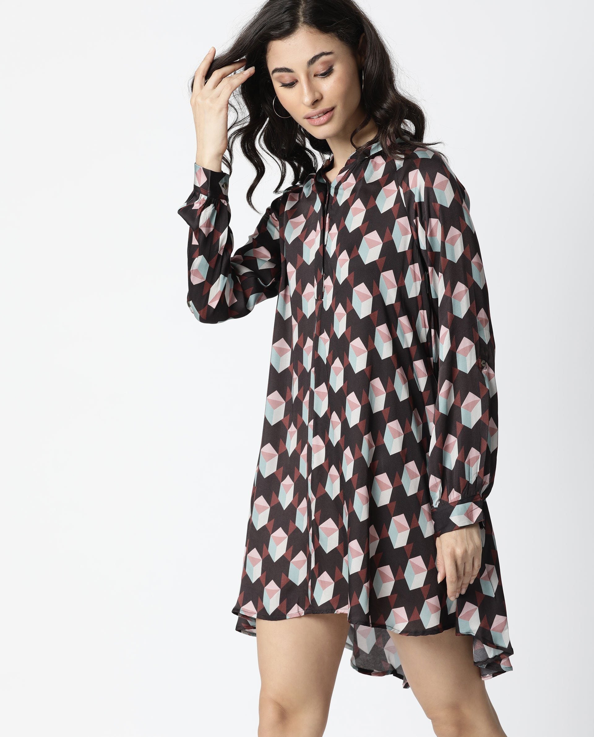 WOMEN'S ENGINE BROWN DRESS FULL SLEEVES PRINTED