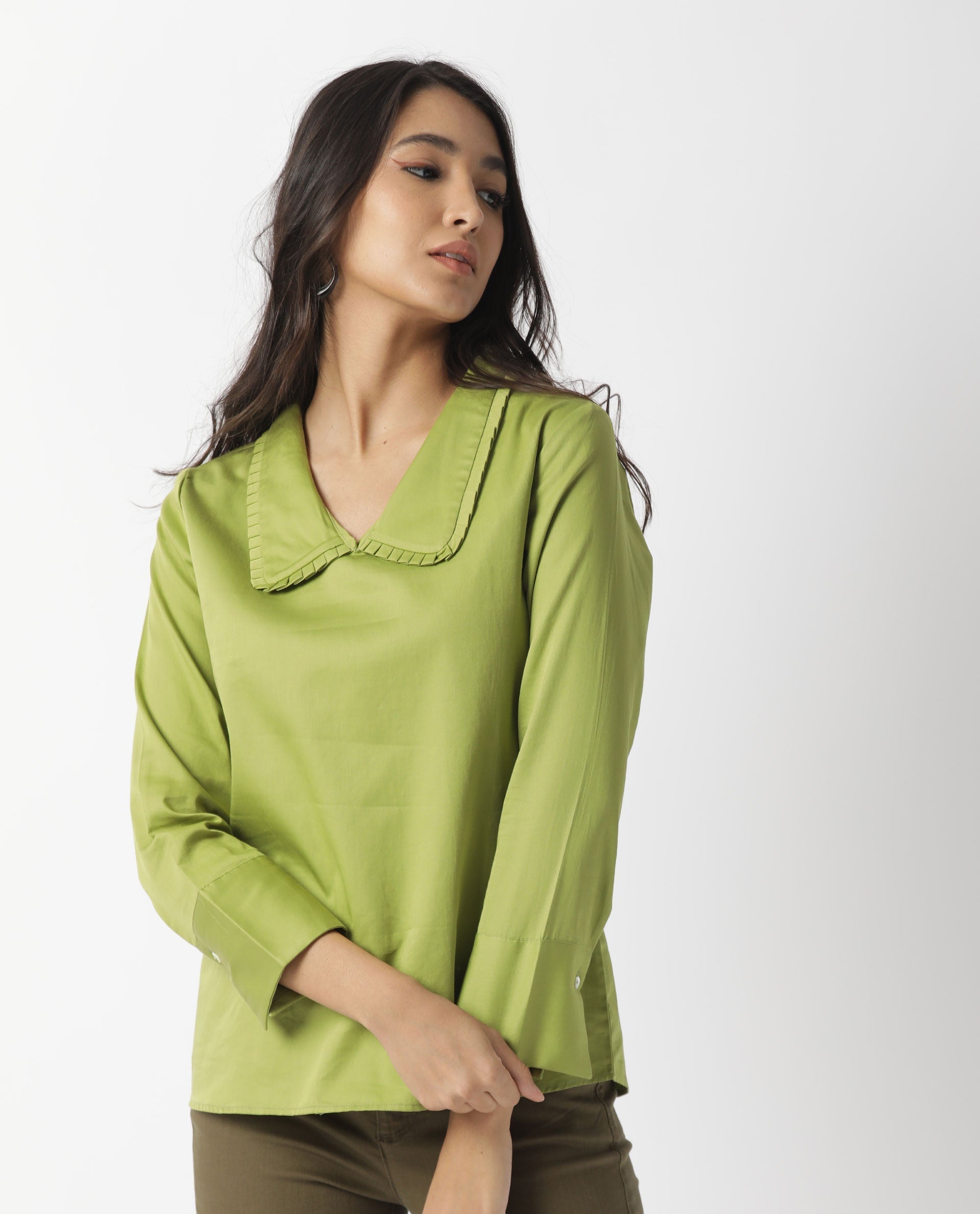 WOMENS MUSHROO GREEN TOP Cotton Satin FABRIC Regular FIT Cuffed Sleeve Collared Neck