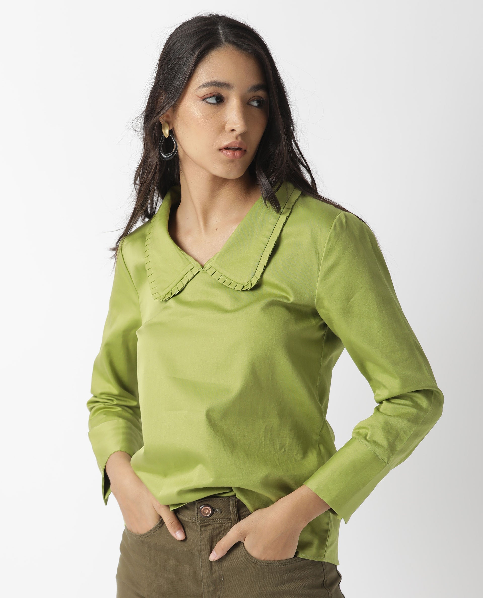 WOMENS MUSHROO GREEN TOP Cotton Satin FABRIC Regular FIT Cuffed Sleeve Collared Neck