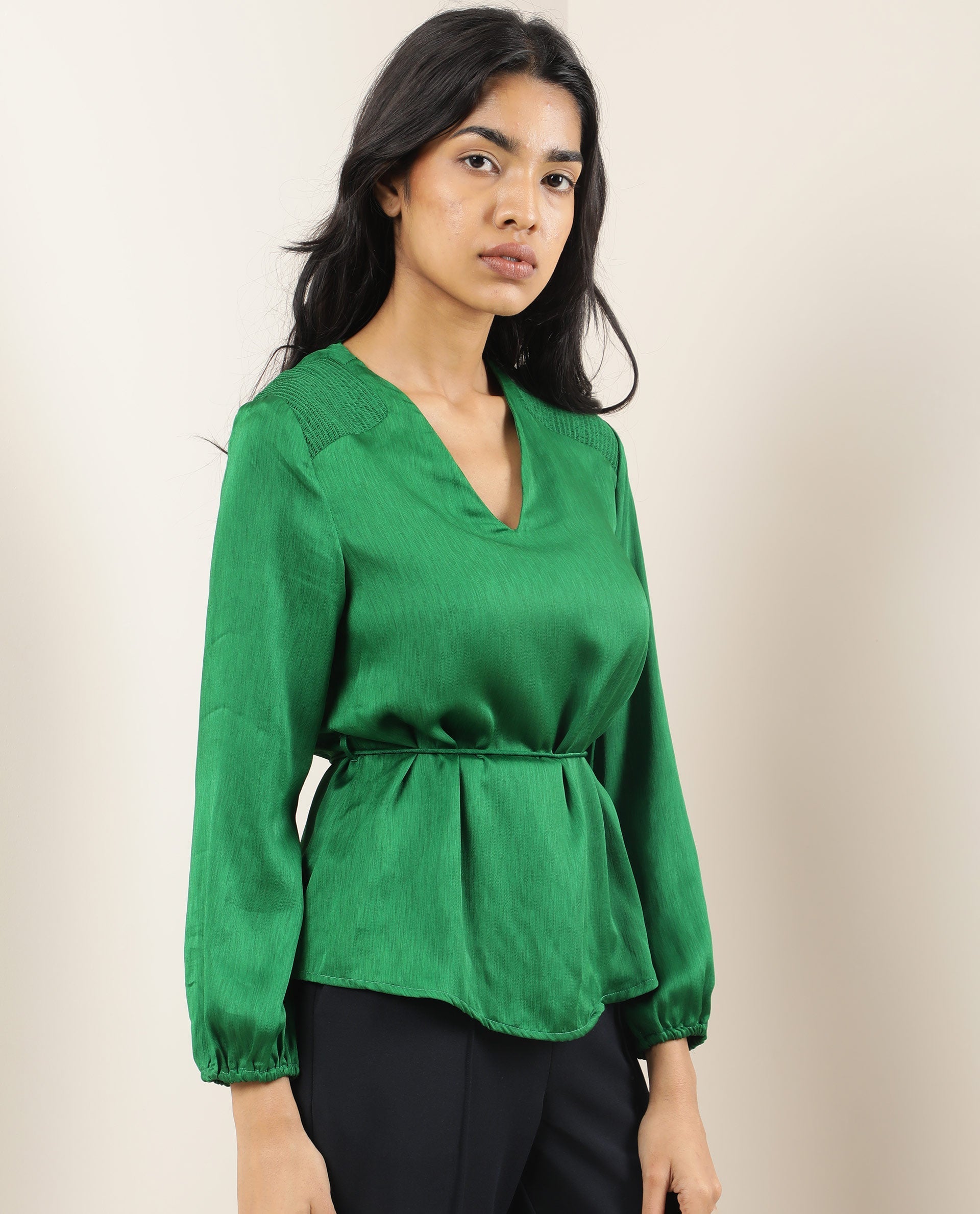 WOMENS DRONITE GREEN TOP Polyester FABRIC  Full Sleeve V Neck