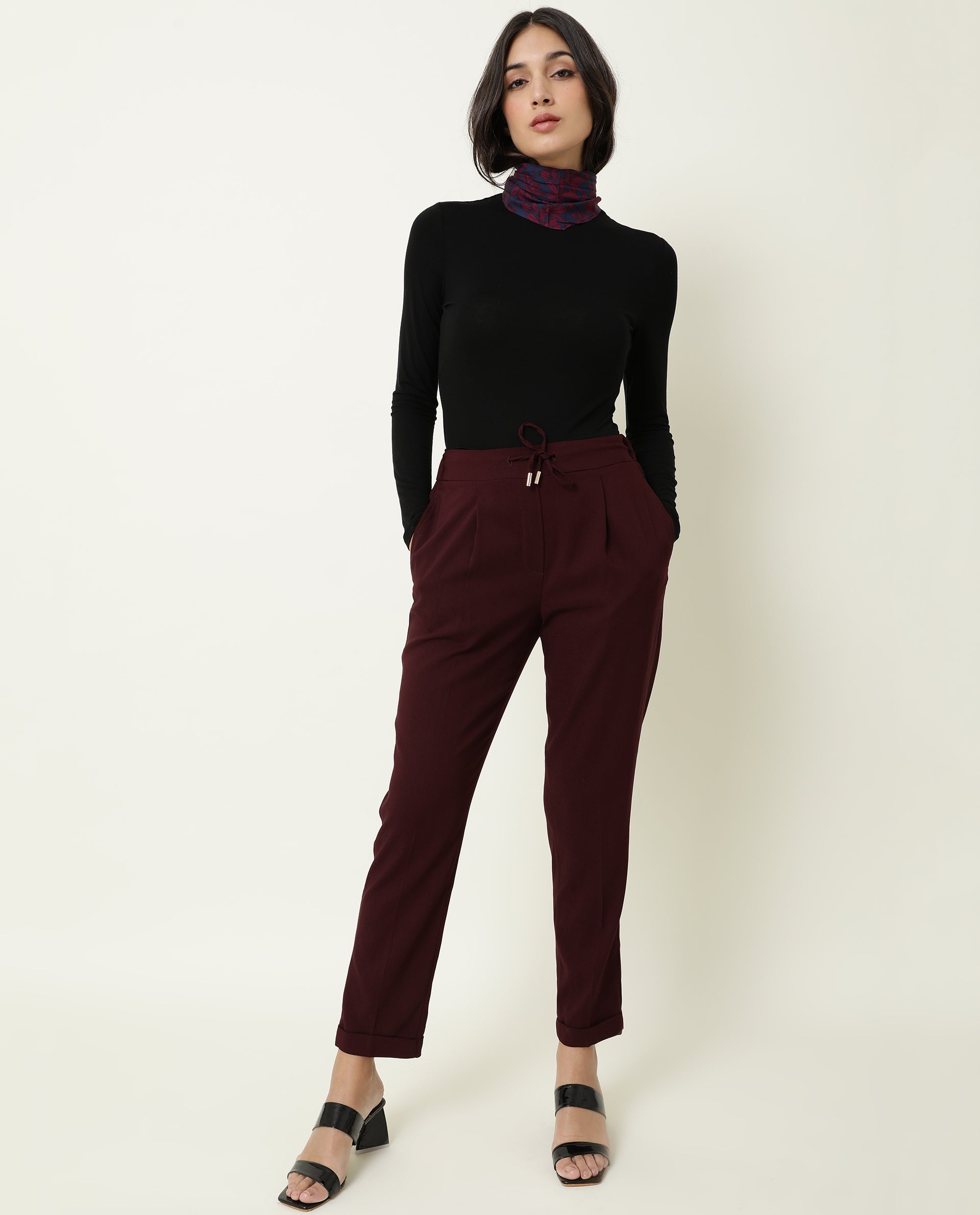 WOMENS JEREMIAH MAROON TROUSER Poly Lycra FABRIC Loose FIT Draw string CLOSURE High Rise WAIST RISE Ankle Length