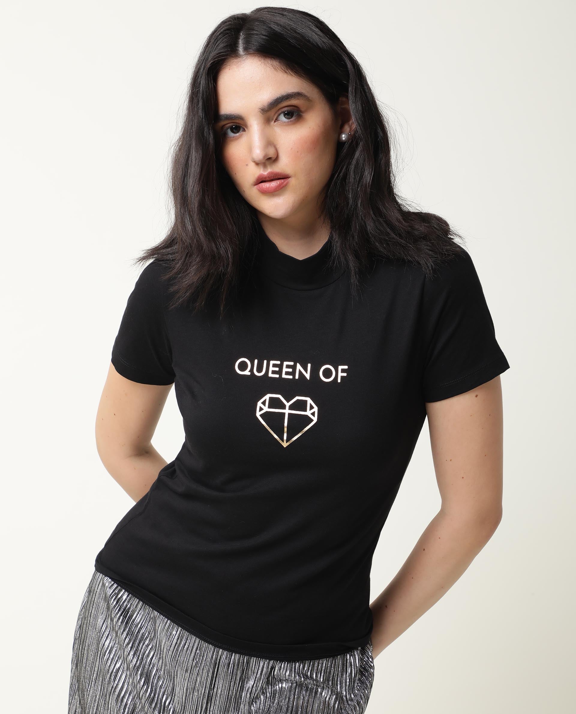 WOMENS QUEENIE BLACK T-SHIRT POLYCOTTON FABRIC REGULAR FIT SHORT SLEEVES ROUND NECK