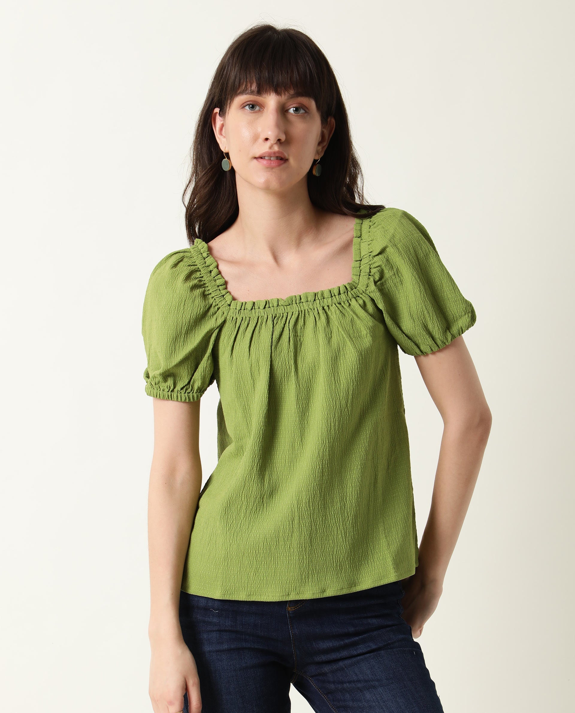 WOMENS SWAG GREEN TOP COTTON LYCRA FABRIC REGULAR FIT PUFF SLEEVES RUFFLED NECK