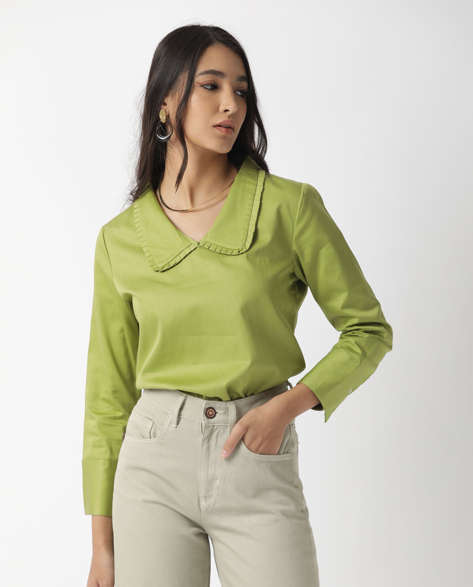 WOMENS MUSHROO GREEN TOP Cotton Satin FABRIC Regular FIT Cuffed Sleeve Collared Neck