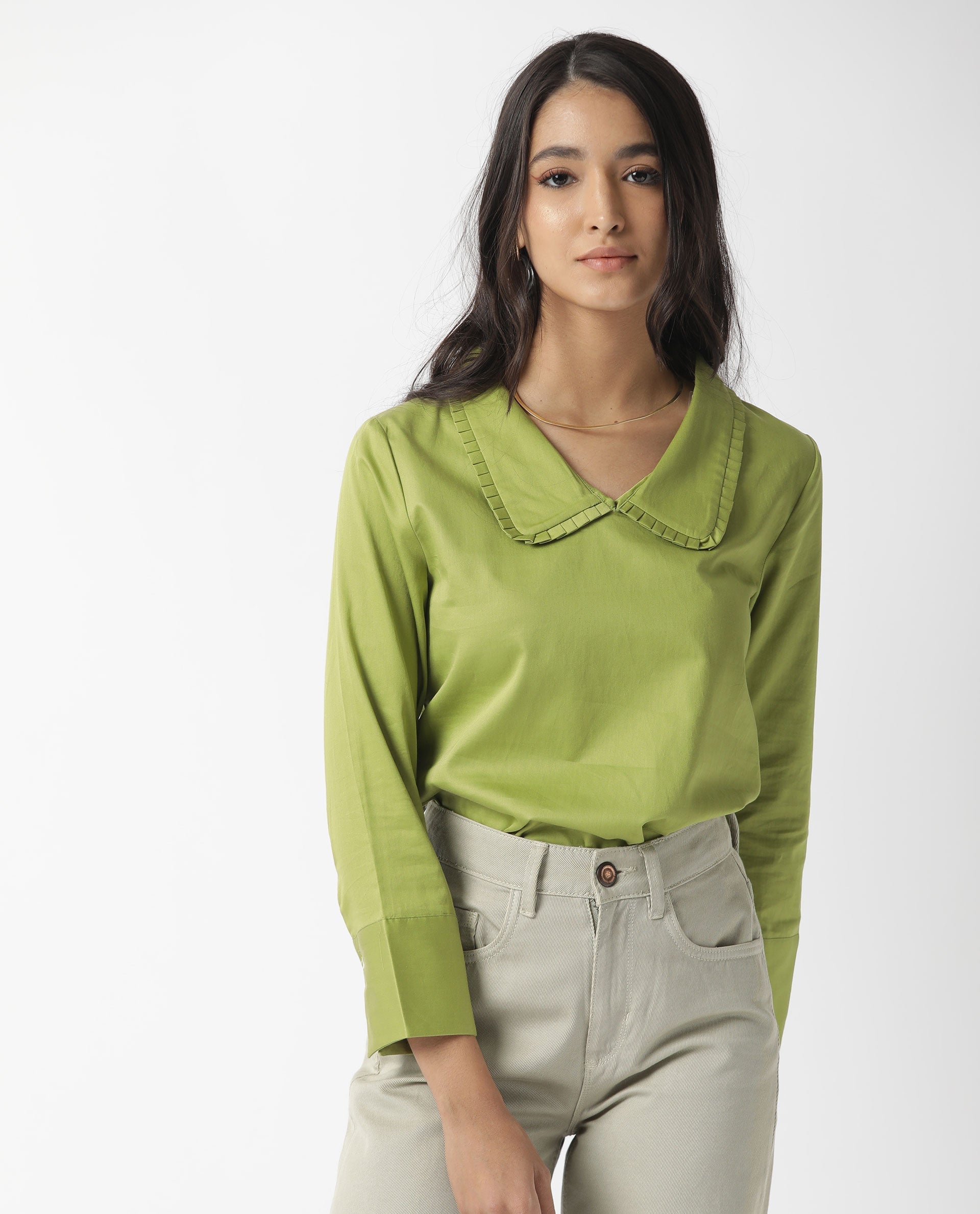 WOMENS MUSHROO GREEN TOP Cotton Satin FABRIC Regular FIT Cuffed Sleeve Collared Neck