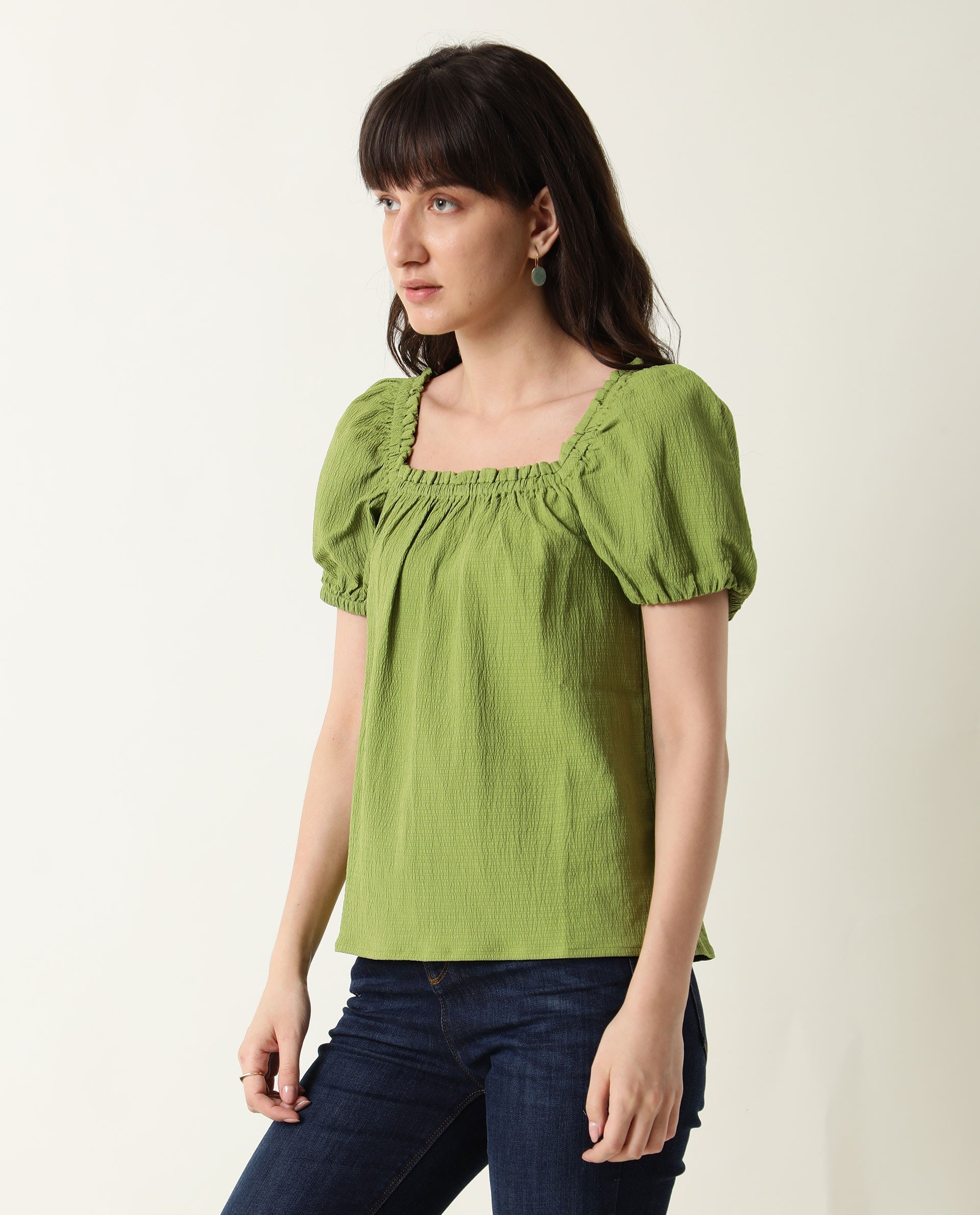 WOMENS SWAG GREEN TOP COTTON LYCRA FABRIC REGULAR FIT PUFF SLEEVES RUFFLED NECK