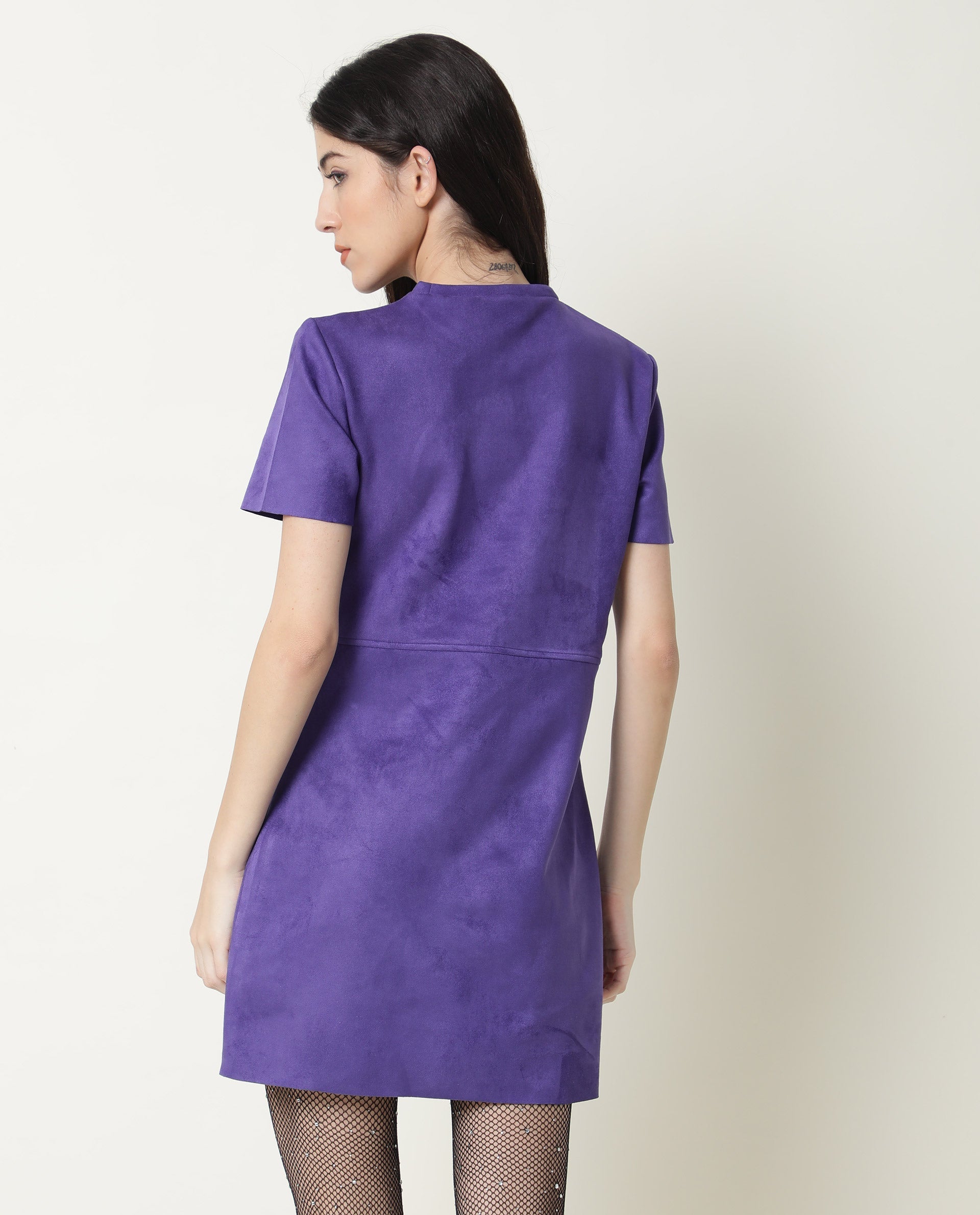 WOMEN'S SIONS PURPLE DRESS POLYESTER FABRIC REGULAR FIT SHORT SLEEVES CREW NECK