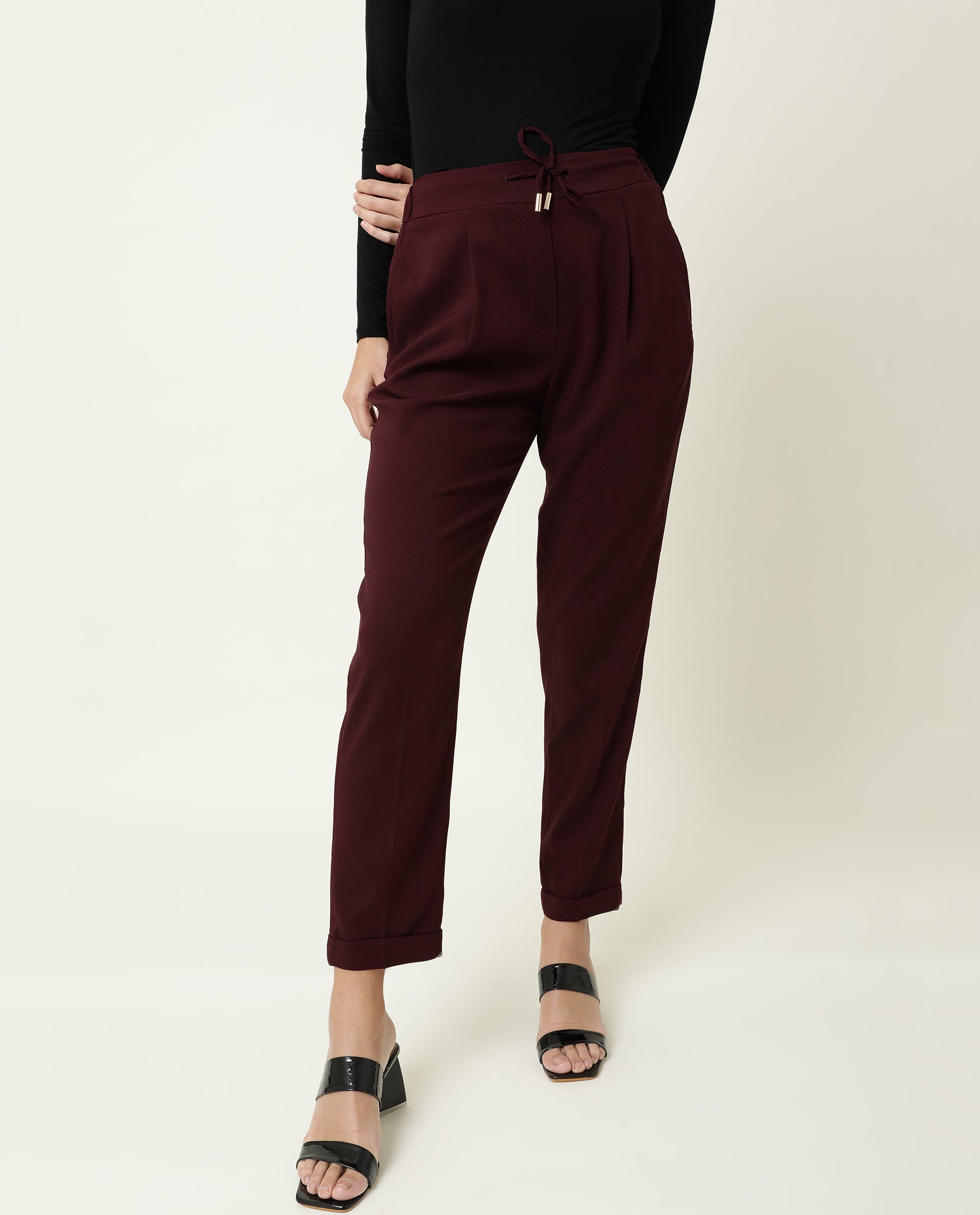 WOMENS JEREMIAH MAROON TROUSER Poly Lycra FABRIC Loose FIT Draw string CLOSURE High Rise WAIST RISE Ankle Length