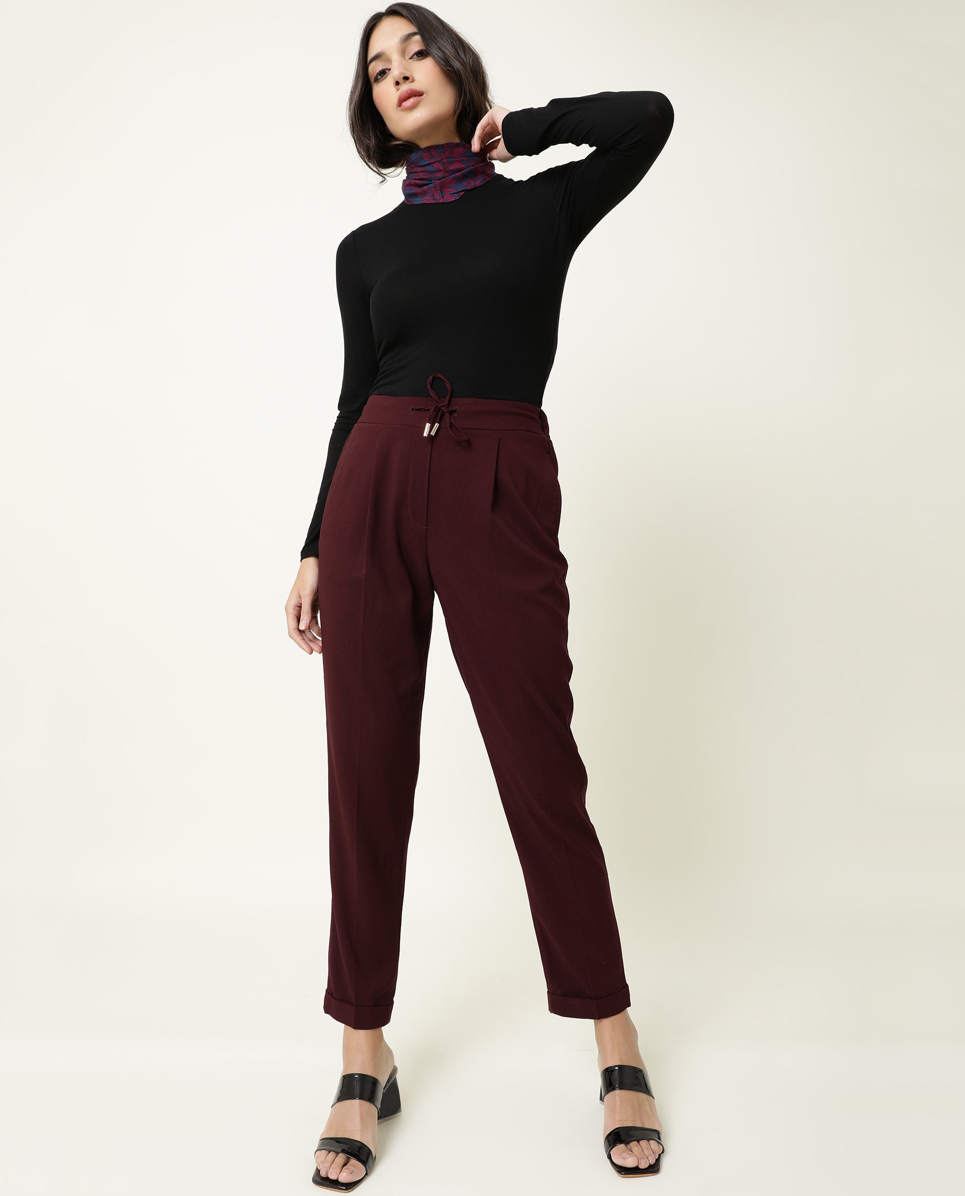 WOMENS JEREMIAH MAROON TROUSER Poly Lycra FABRIC Loose FIT Draw string CLOSURE High Rise WAIST RISE Ankle Length