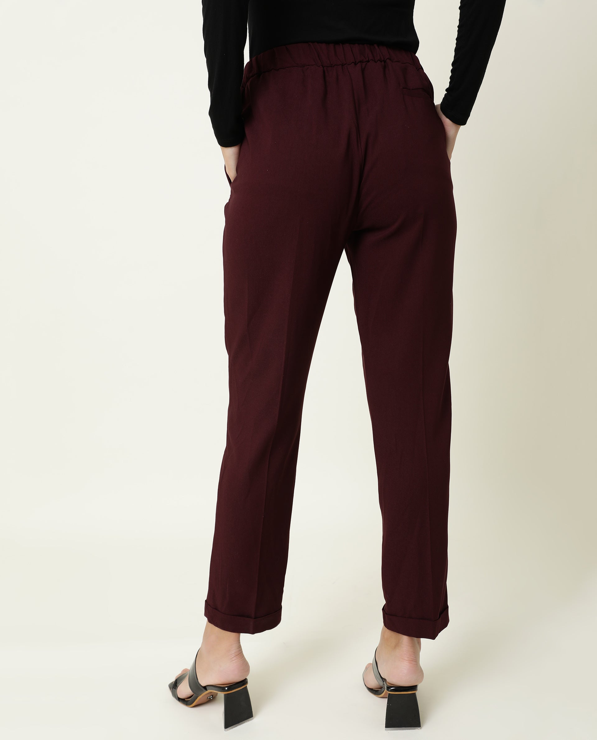 WOMENS JEREMIAH MAROON TROUSER Poly Lycra FABRIC Loose FIT Draw string CLOSURE High Rise WAIST RISE Ankle Length