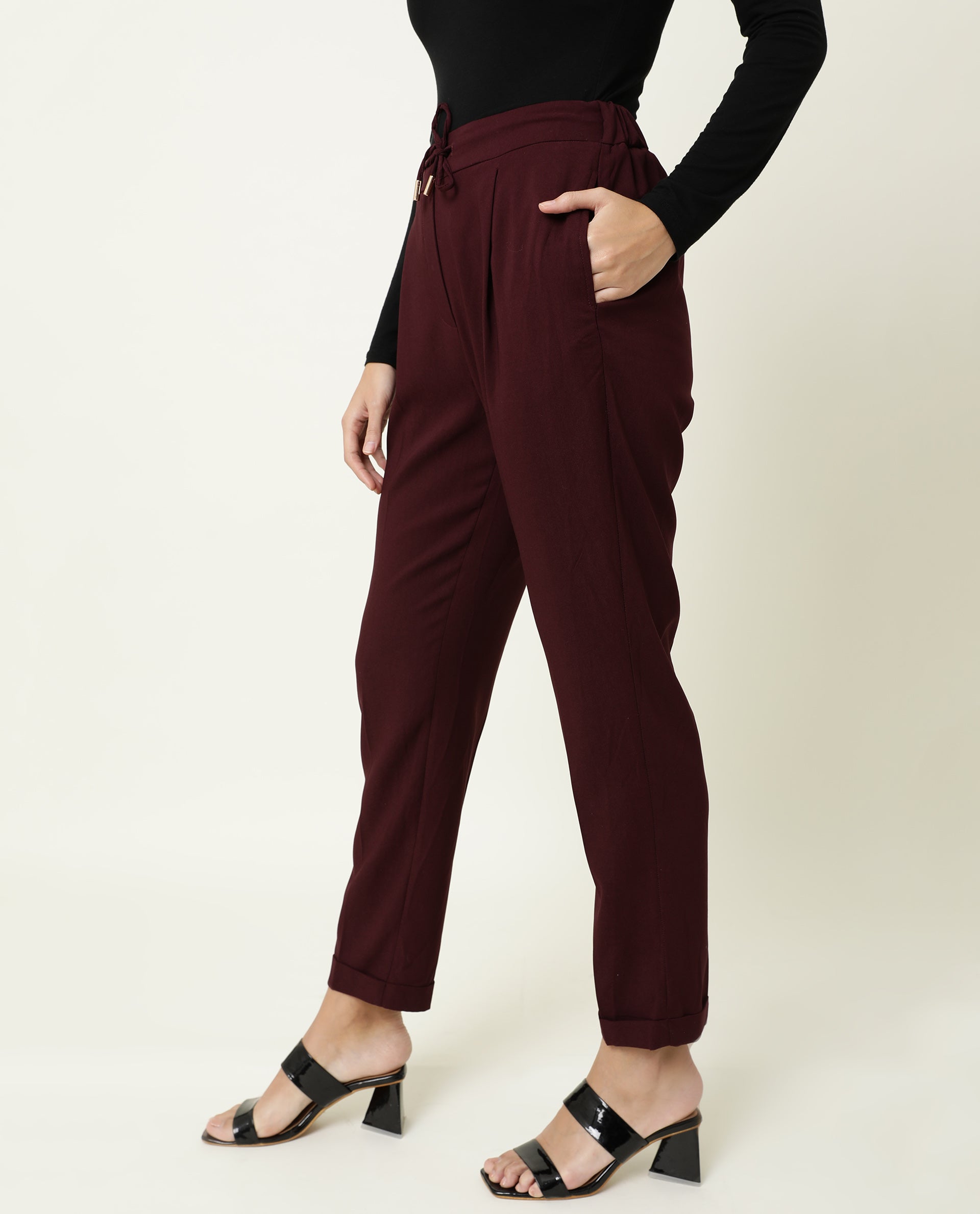 WOMENS JEREMIAH MAROON TROUSER Poly Lycra FABRIC Loose FIT Draw string CLOSURE High Rise WAIST RISE Ankle Length