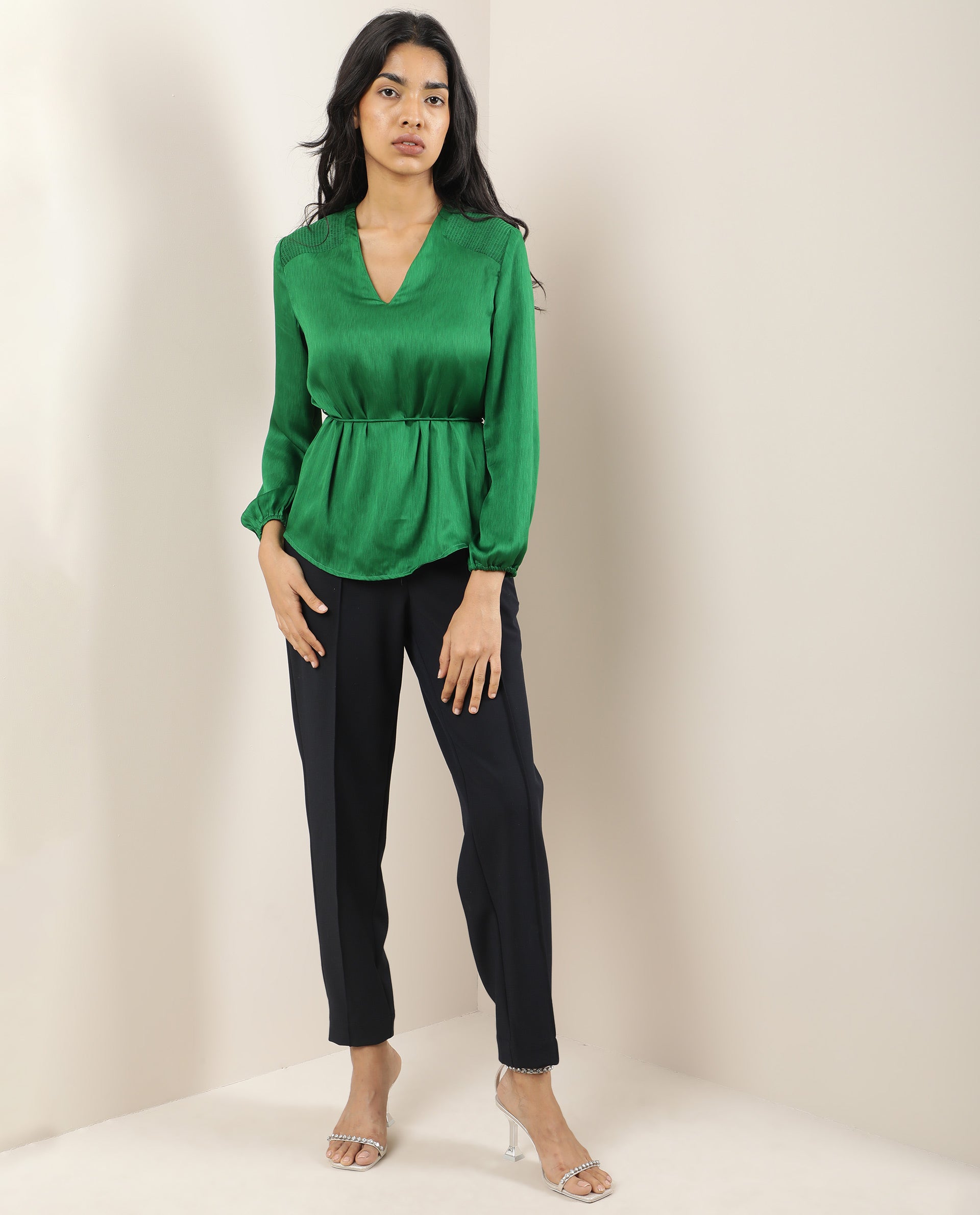 WOMENS DRONITE GREEN TOP Polyester FABRIC  Full Sleeve V Neck