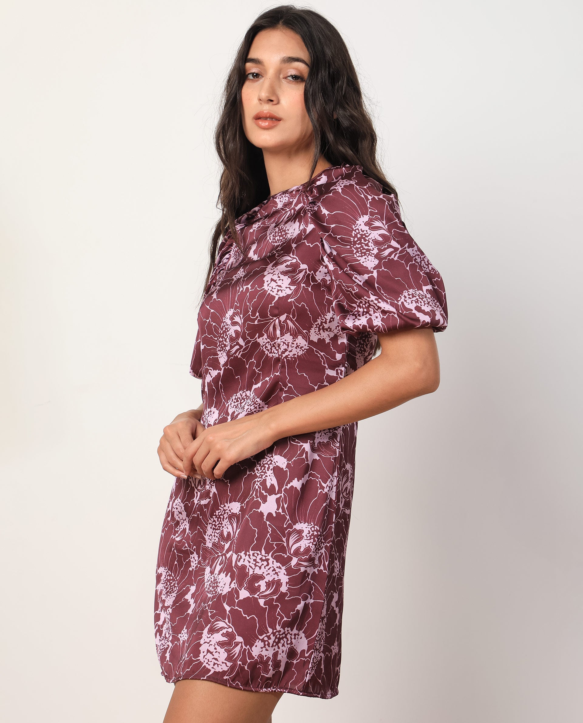 WOMEN'S CHRISTIE DARK MAROON DRESS POLYESTER FABRIC PRINTED