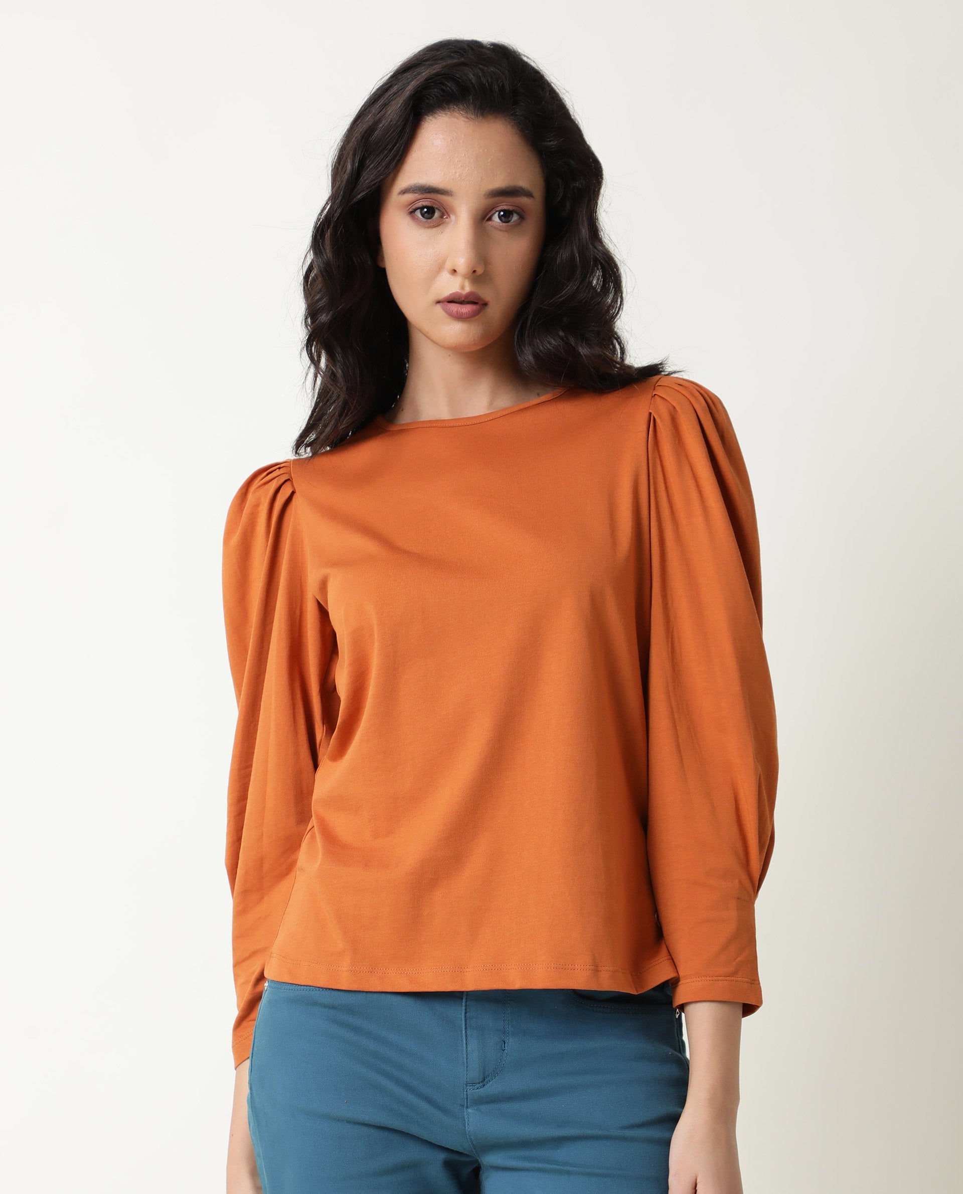 WOMENS BALLERINA ORANGE TOP Cotton FABRIC Regular FIT Puff Sleeves Round Neck